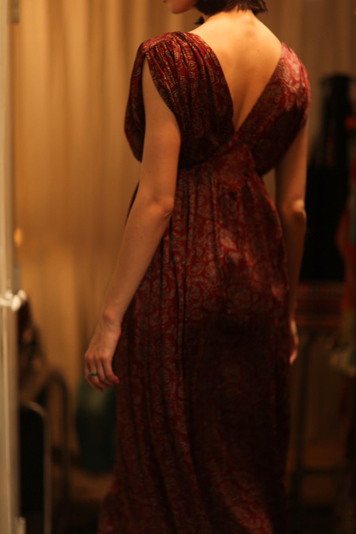 VICTORIA SILK DRESS FLORAL DECO BURGUNDY - BANGKOK TAILOR CLOTHING STORE - HANDMADE CLOTHING