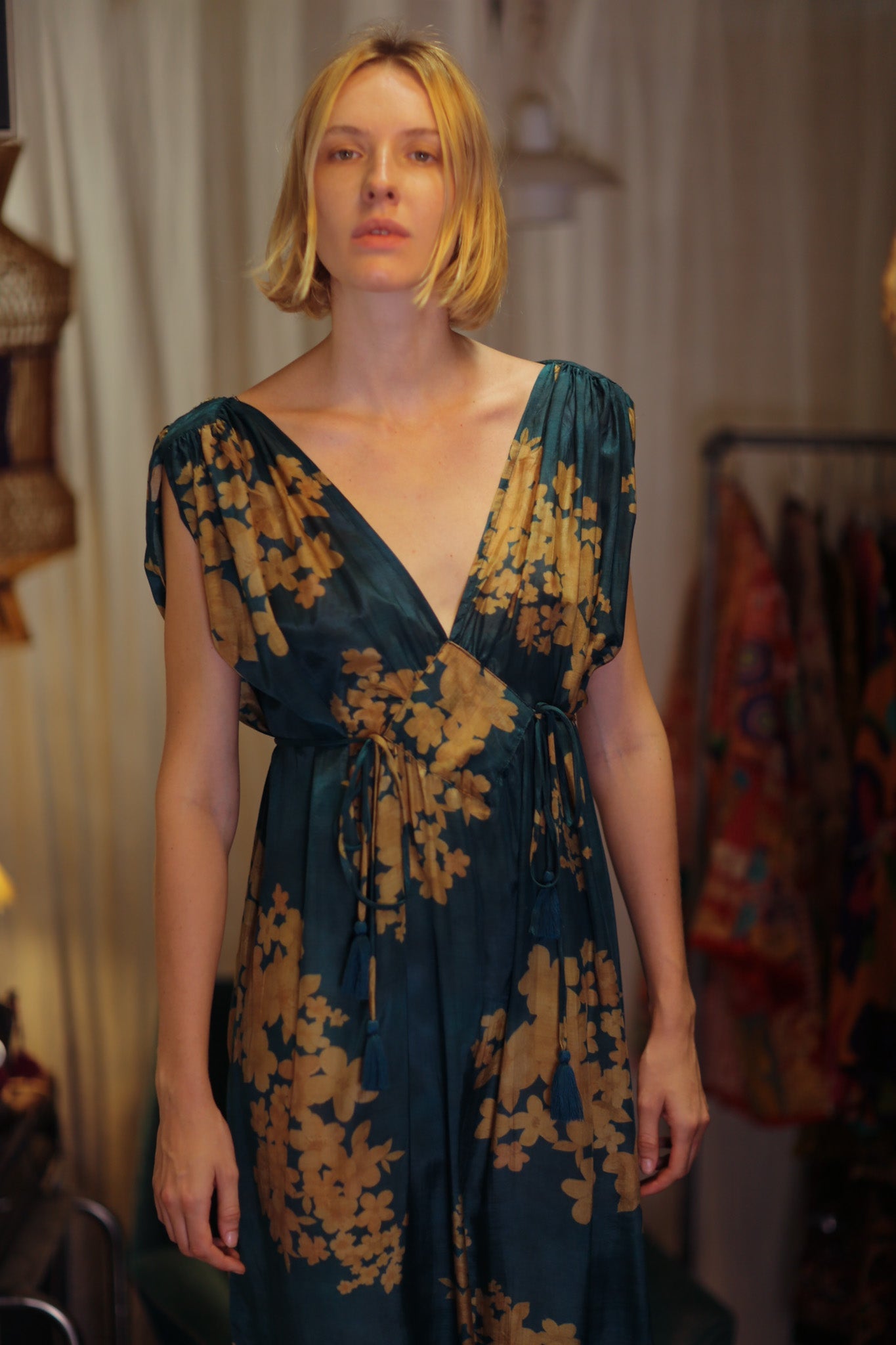 VICTORIA SILK DRESS GOLDEN BOUQUET - BANGKOK TAILOR CLOTHING STORE - HANDMADE CLOTHING