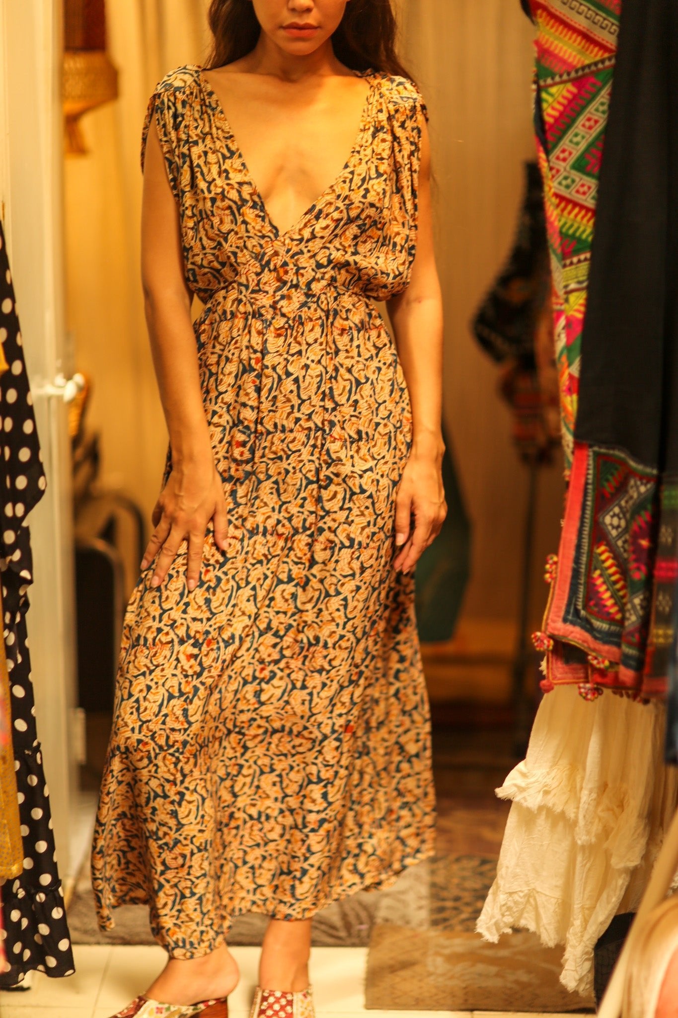 VICTORIA SILK DRESS LEAFY BLUE - BANGKOK TAILOR CLOTHING STORE - HANDMADE CLOTHING