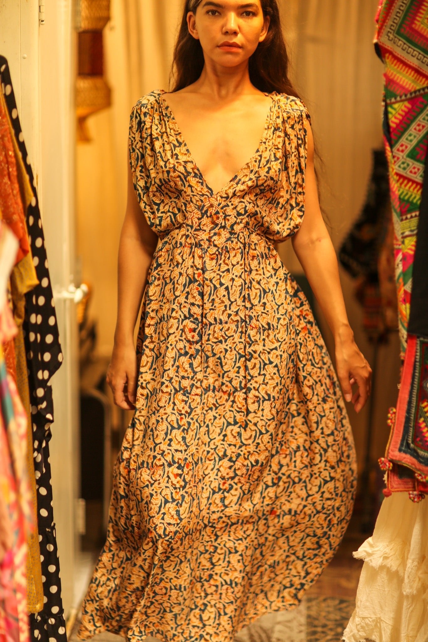VICTORIA SILK DRESS LEAFY BLUE - BANGKOK TAILOR CLOTHING STORE - HANDMADE CLOTHING