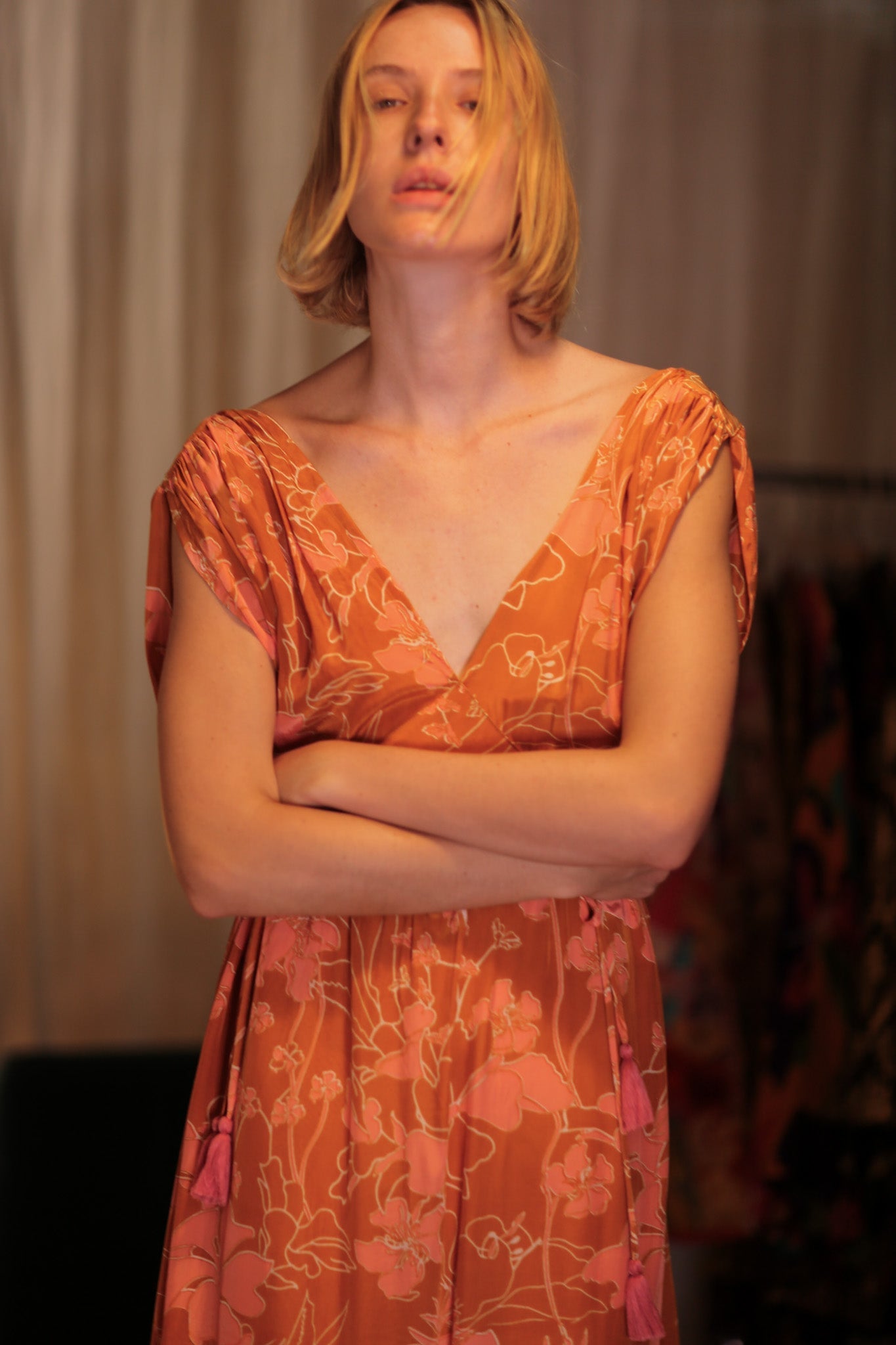 VICTORIA SILK DRESS ORANGE FLOWER - BANGKOK TAILOR CLOTHING STORE - HANDMADE CLOTHING