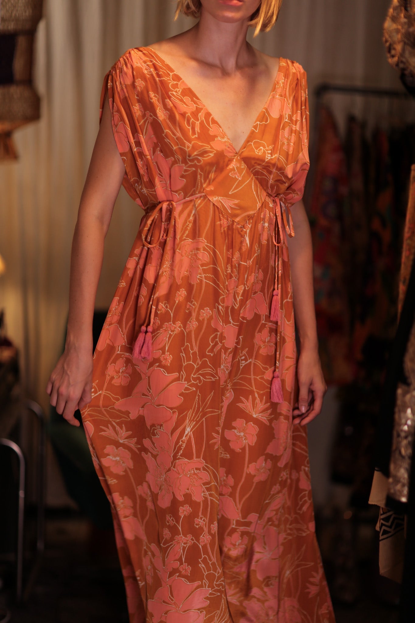 VICTORIA SILK DRESS ORANGE FLOWER - BANGKOK TAILOR CLOTHING STORE - HANDMADE CLOTHING