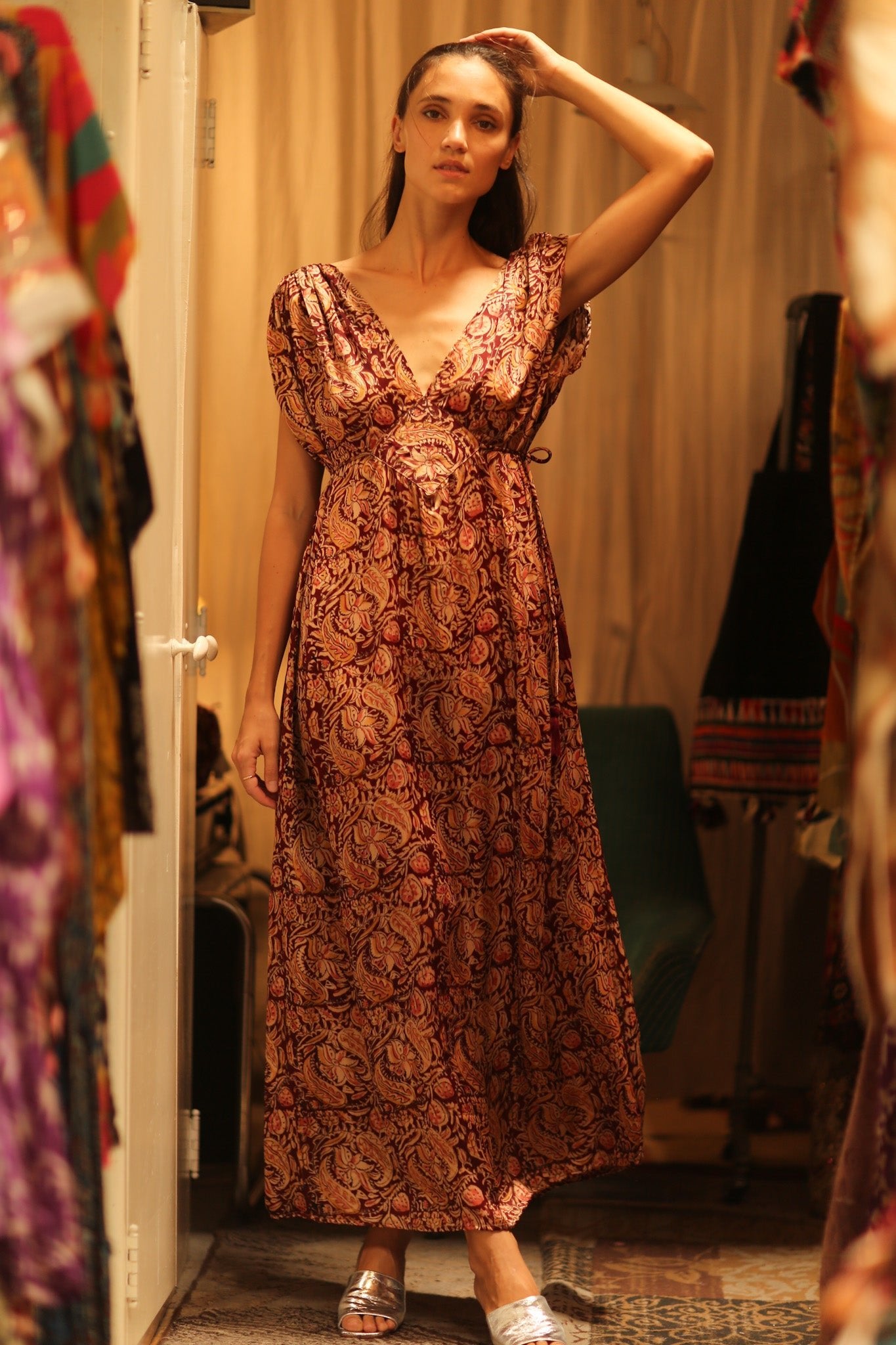 VICTORIA SILK DRESS PAISLEY BROWN - BANGKOK TAILOR CLOTHING STORE - HANDMADE CLOTHING