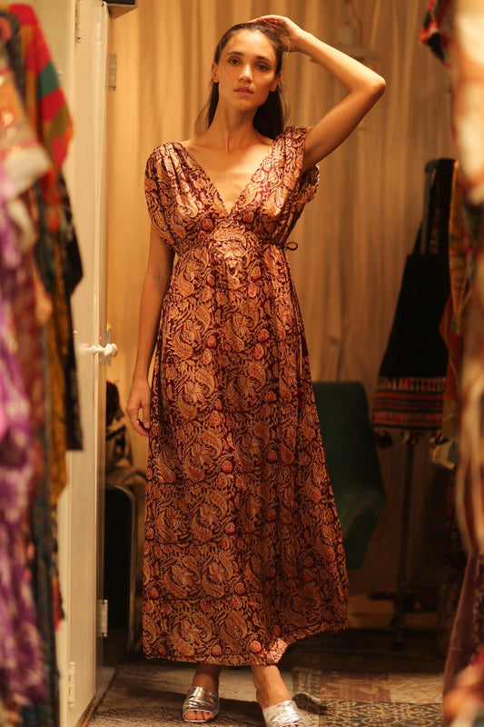 VICTORIA SILK DRESS PAISLEY BROWN - BANGKOK TAILOR CLOTHING STORE - HANDMADE CLOTHING