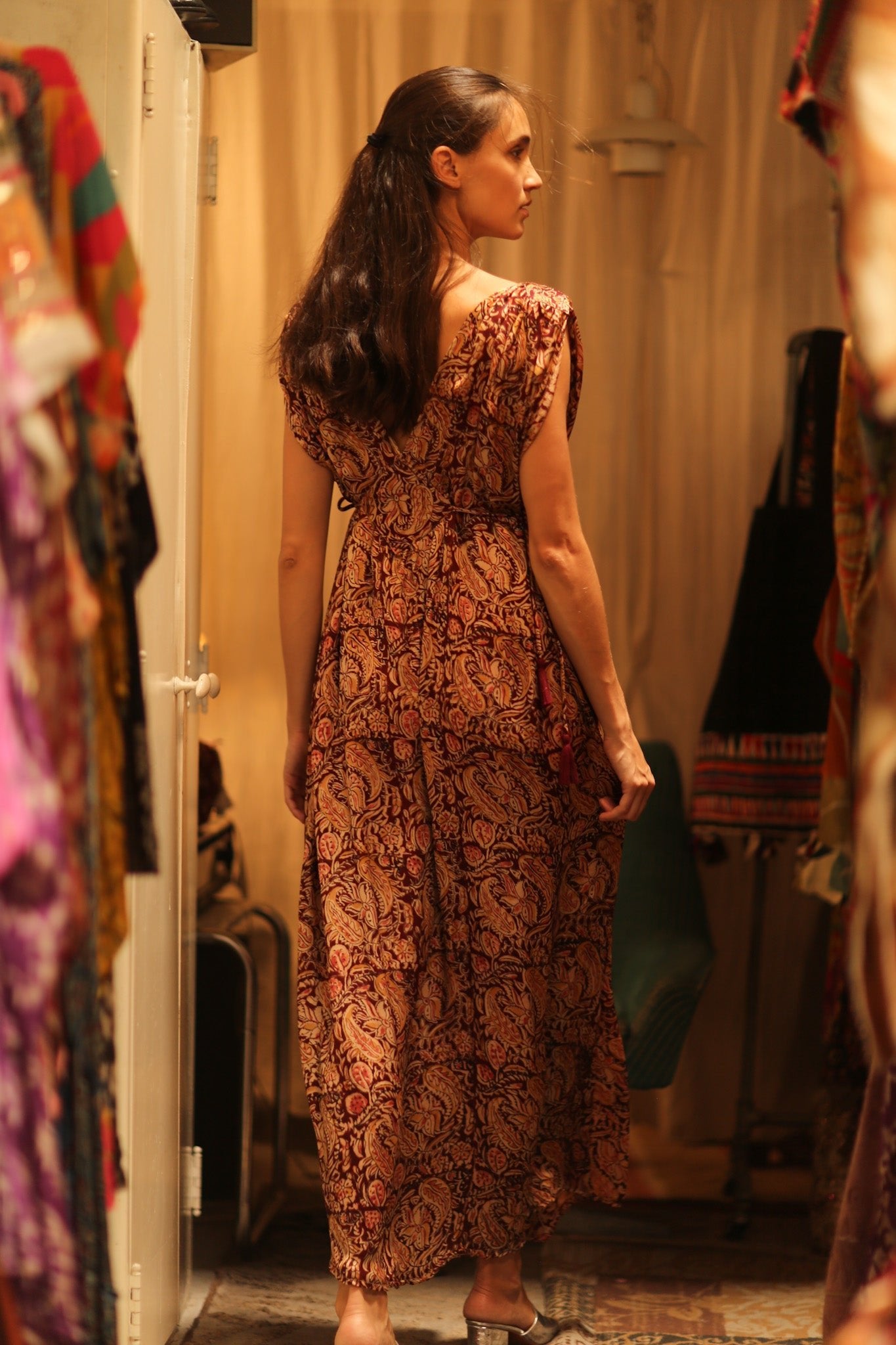 VICTORIA SILK DRESS PAISLEY BROWN - BANGKOK TAILOR CLOTHING STORE - HANDMADE CLOTHING