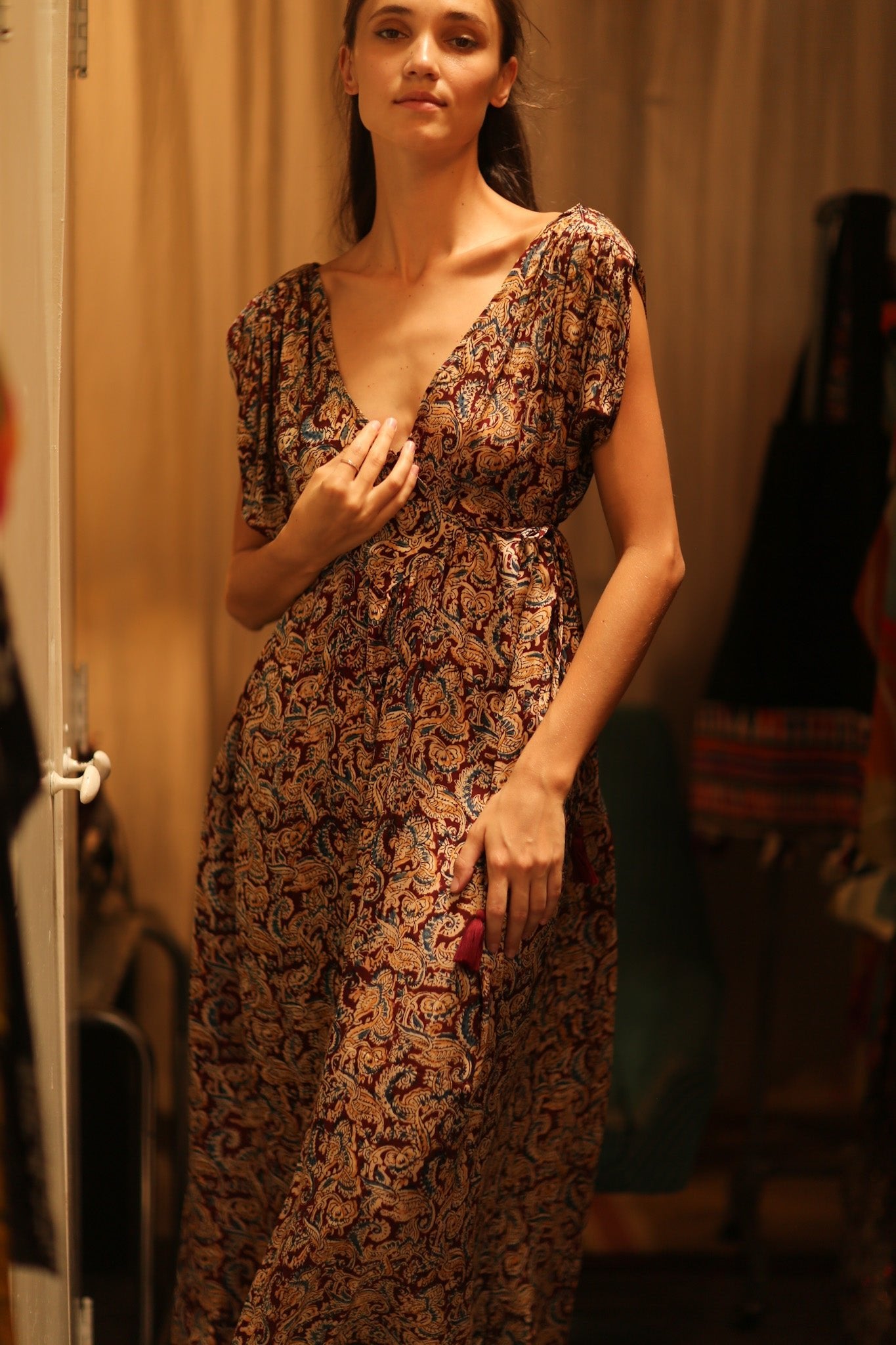 VICTORIA SILK DRESS PAISLEY BURGUNDY - BANGKOK TAILOR CLOTHING STORE - HANDMADE CLOTHING