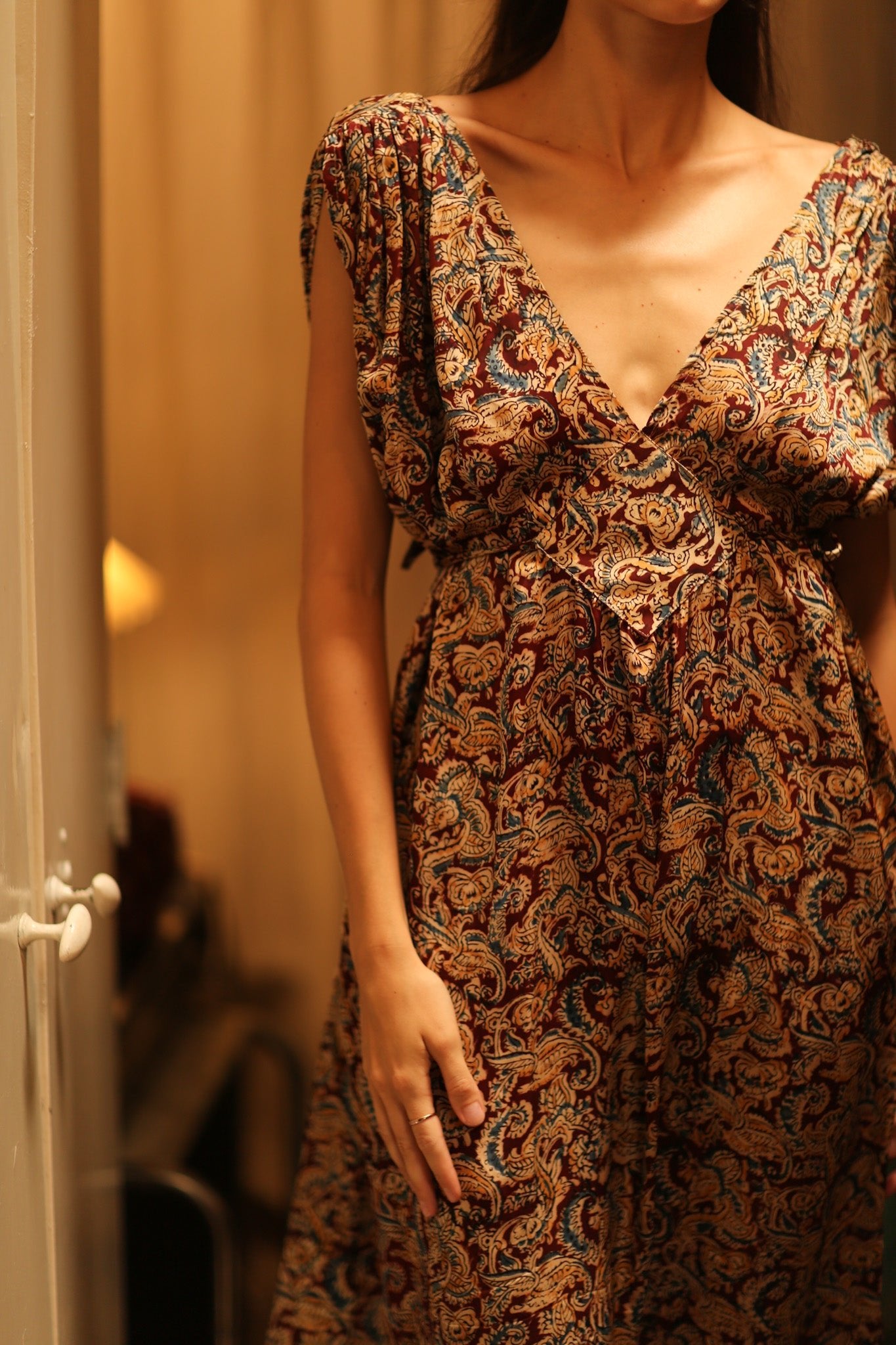 VICTORIA SILK DRESS PAISLEY BURGUNDY - BANGKOK TAILOR CLOTHING STORE - HANDMADE CLOTHING