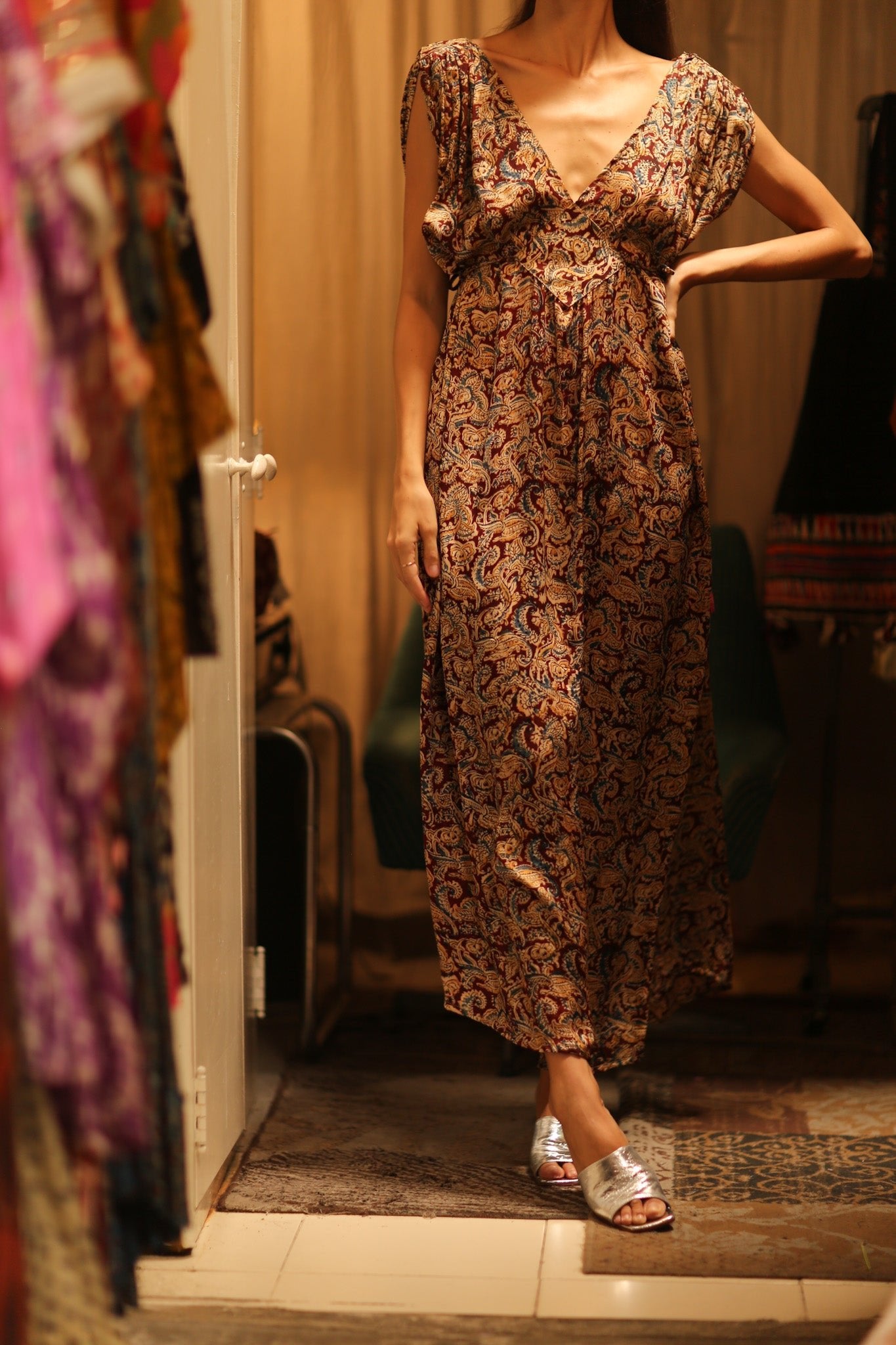 VICTORIA SILK DRESS PAISLEY BURGUNDY - BANGKOK TAILOR CLOTHING STORE - HANDMADE CLOTHING