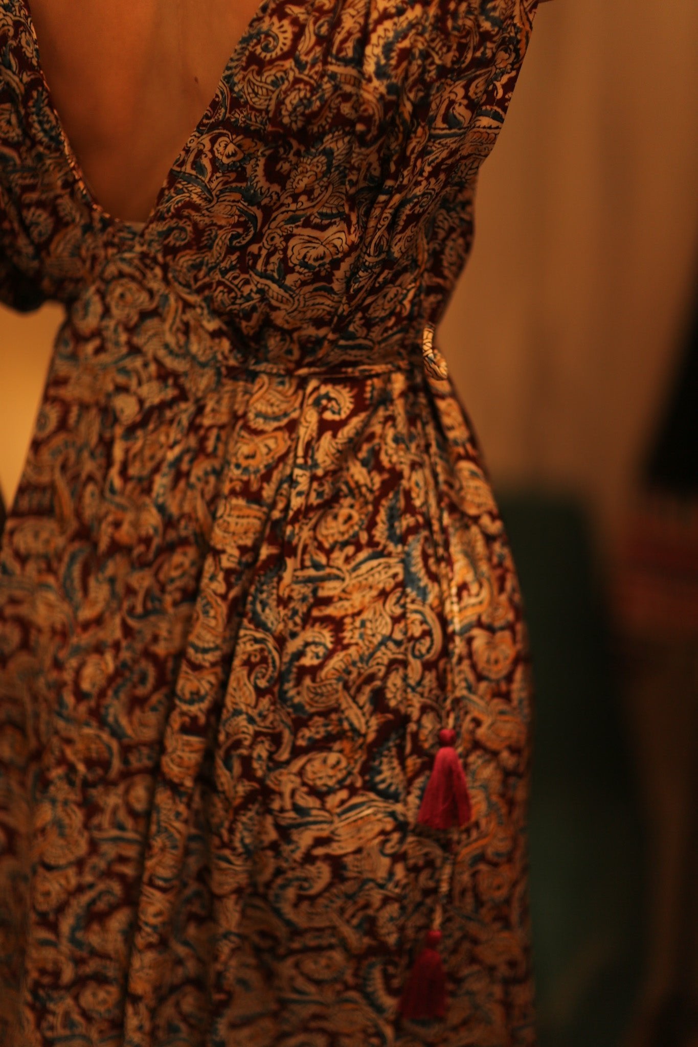 VICTORIA SILK DRESS PAISLEY BURGUNDY - BANGKOK TAILOR CLOTHING STORE - HANDMADE CLOTHING