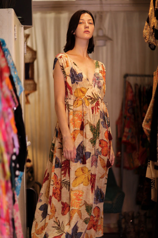 VICTORIA SILK DRESS PRESSED FLOWERS - BANGKOK TAILOR CLOTHING STORE - HANDMADE CLOTHING