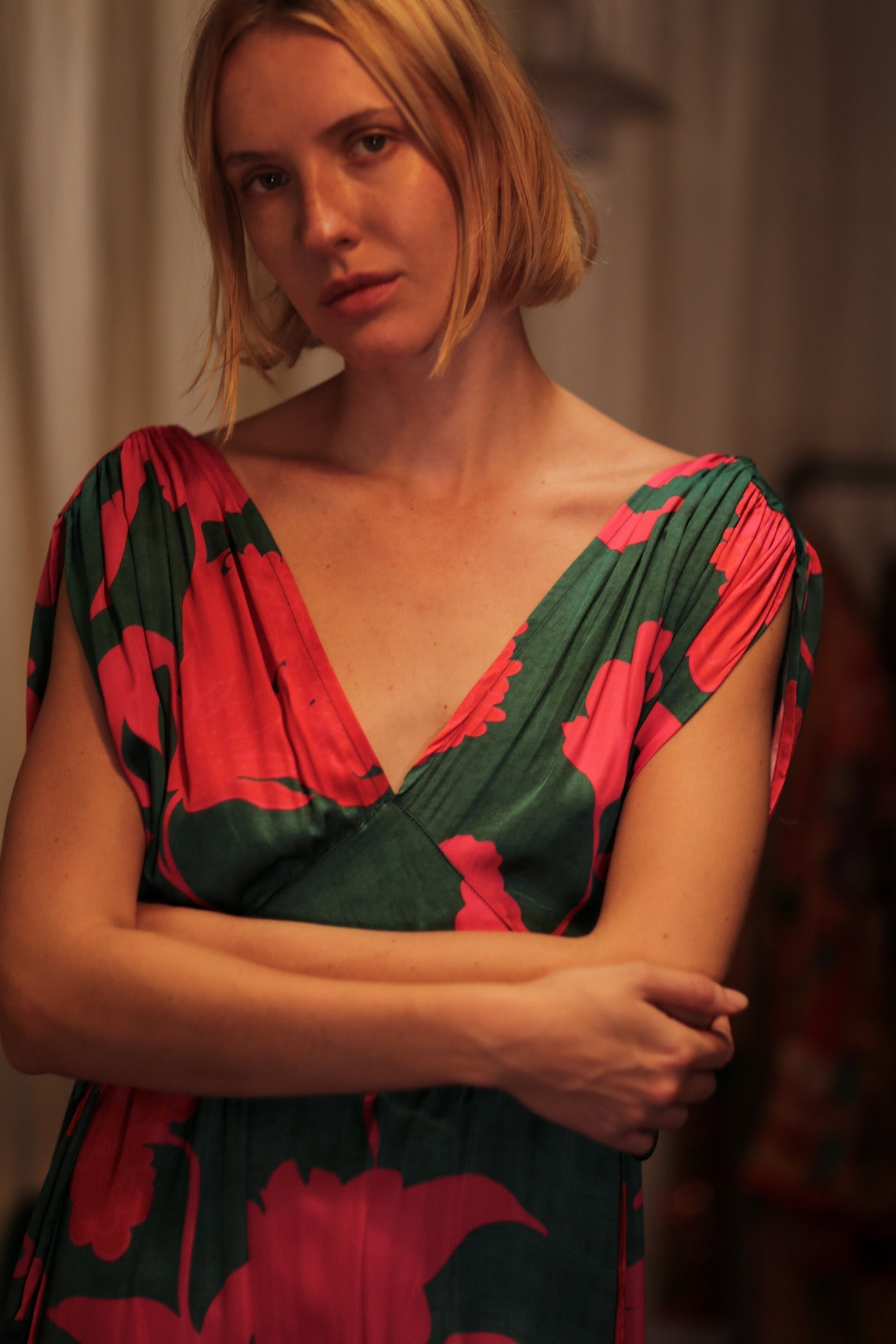 VICTORIA SILK DRESS VERMILION VINES - BANGKOK TAILOR CLOTHING STORE - HANDMADE CLOTHING