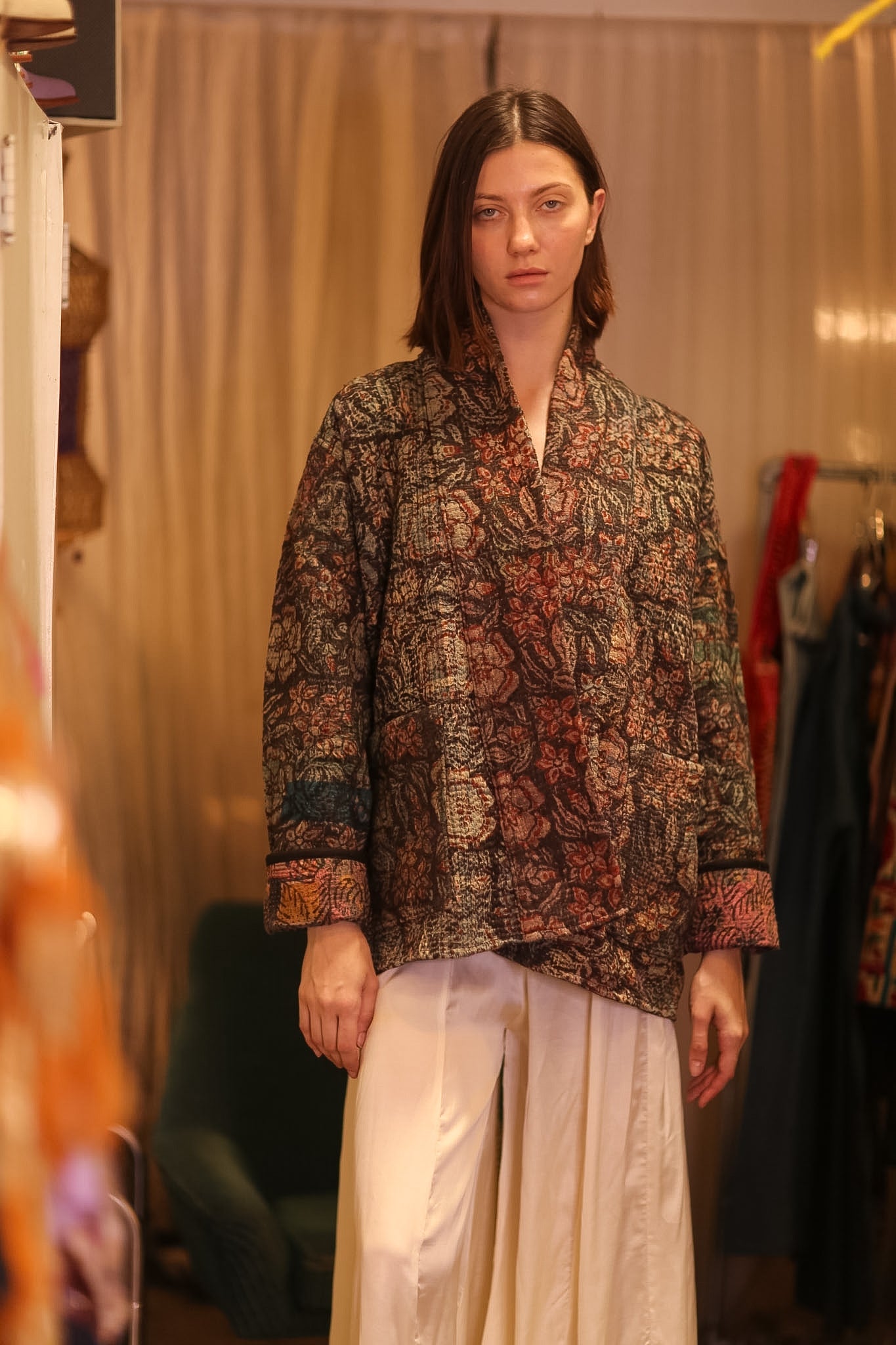 VINTAGE STYLE KANTHA SHORT KIMONO WILDROSE - BANGKOK TAILOR CLOTHING STORE - HANDMADE CLOTHING