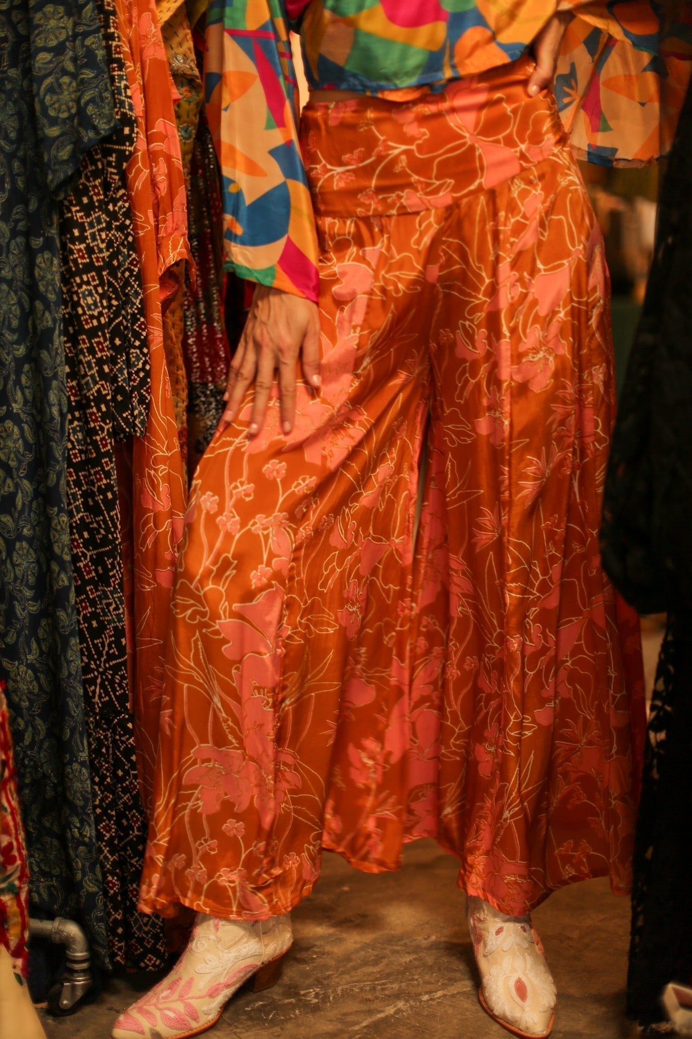 WIDE LEG BLOCK PRINT SILK PANTS RUBY - BANGKOK TAILOR CLOTHING STORE - HANDMADE CLOTHING