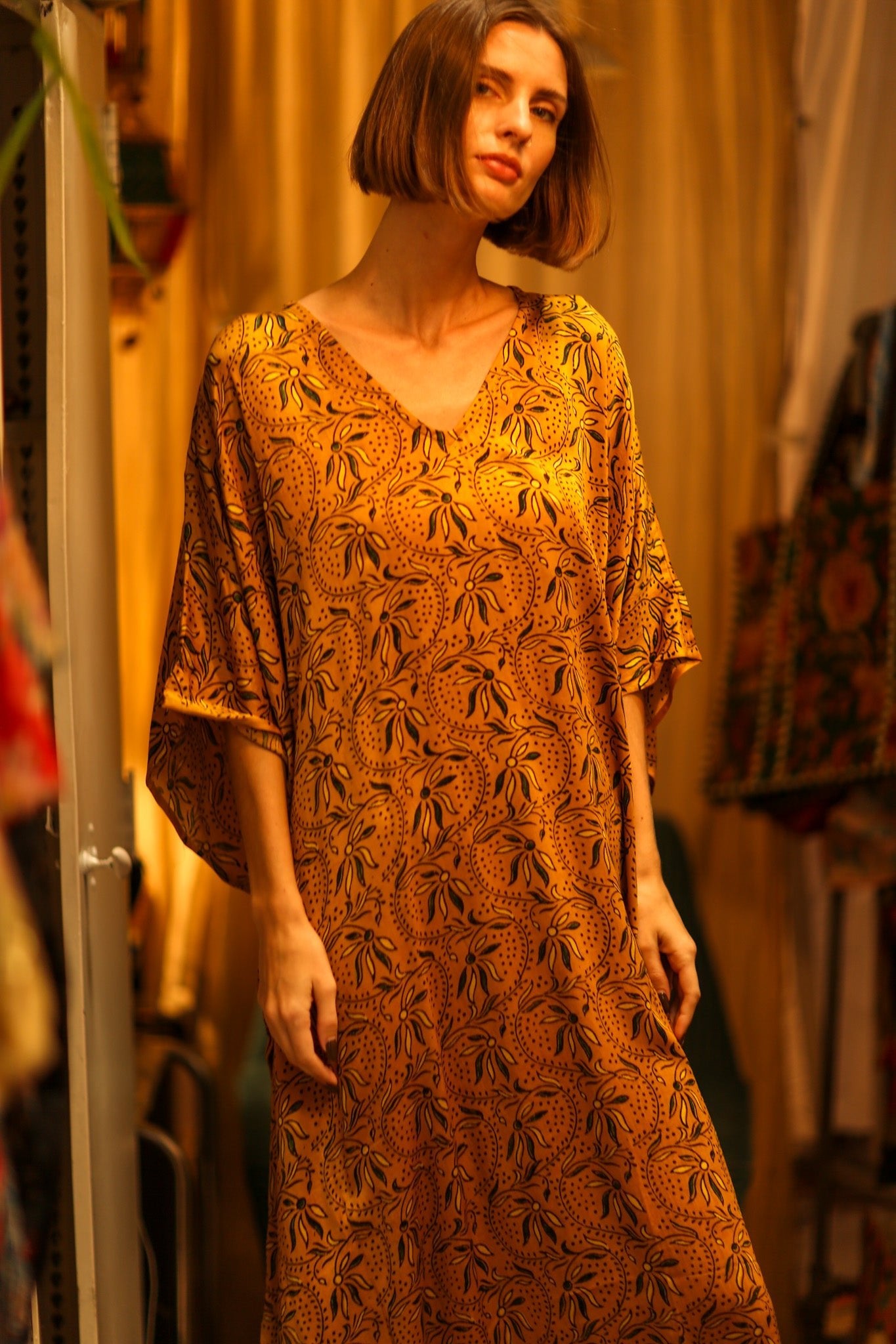 YAYA SILK KAFTAN BANA YELLOW - BANGKOK TAILOR CLOTHING STORE - HANDMADE CLOTHING