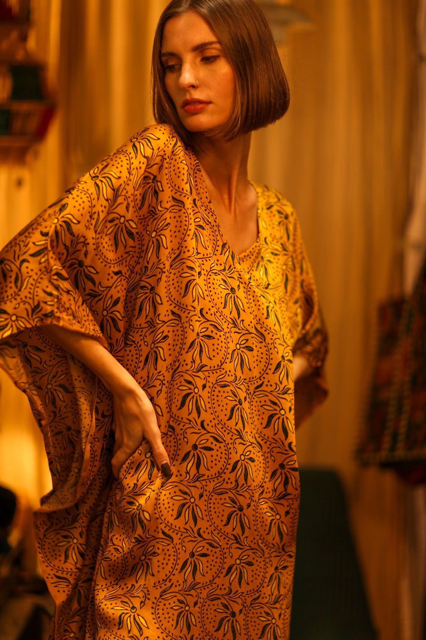 YAYA SILK KAFTAN BANA YELLOW - BANGKOK TAILOR CLOTHING STORE - HANDMADE CLOTHING