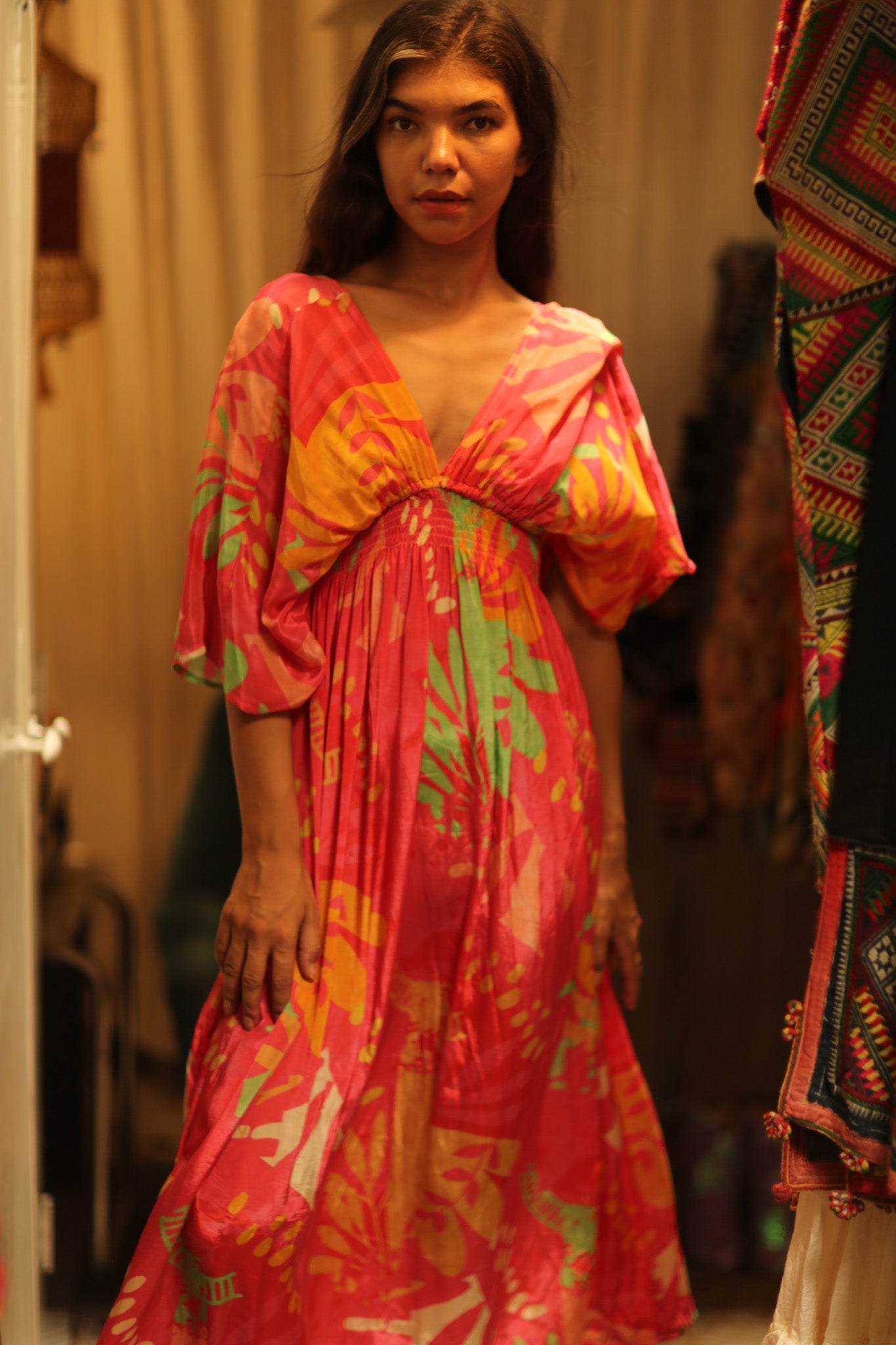 ZURI SILK DRESS PINK JUNGLE - BANGKOK TAILOR CLOTHING STORE - HANDMADE CLOTHING