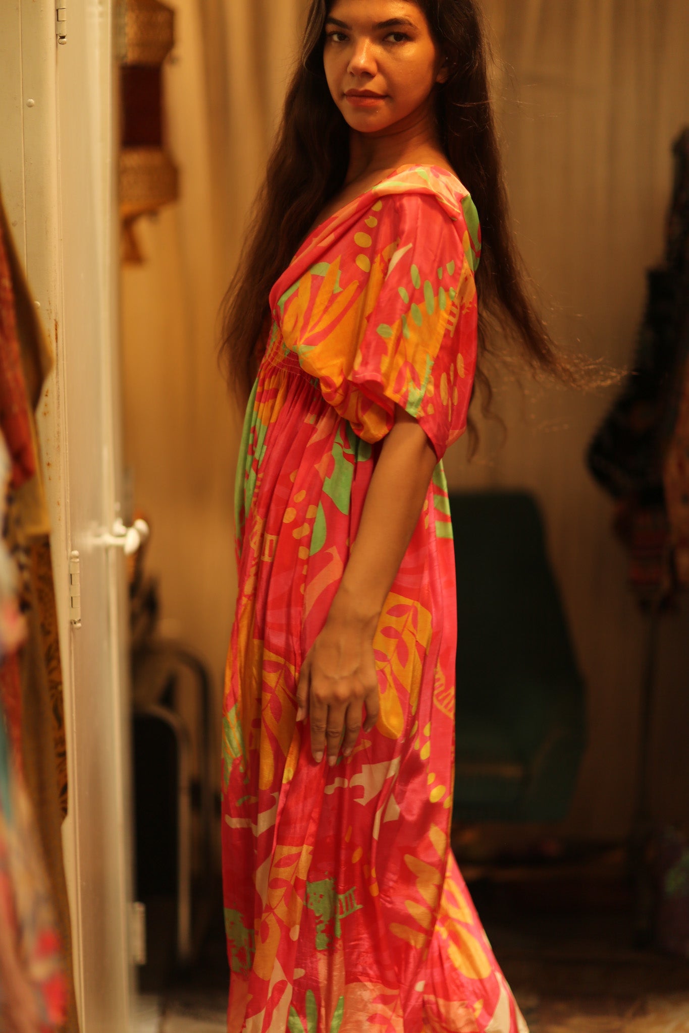 ZURI SILK DRESS PINK JUNGLE - BANGKOK TAILOR CLOTHING STORE - HANDMADE CLOTHING