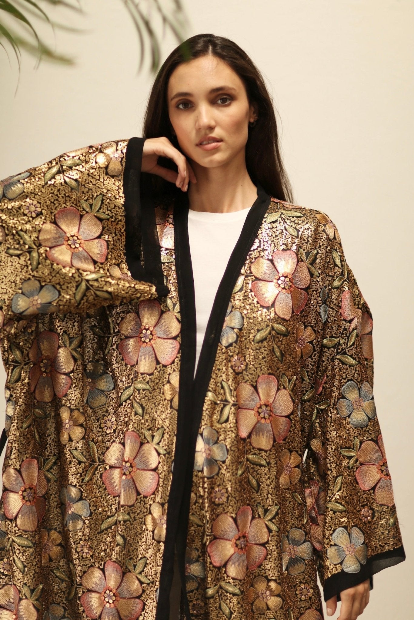BLACK SEQUIN EMBROIDERED FLOWER KIMONO - BANGKOK TAILOR CLOTHING STORE - HANDMADE CLOTHING