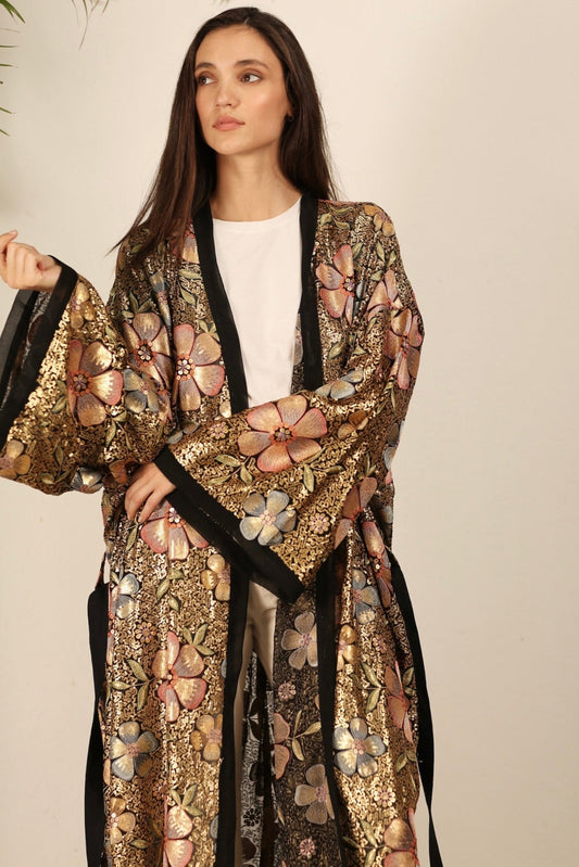 BLACK SEQUIN EMBROIDERED FLOWER KIMONO - BANGKOK TAILOR CLOTHING STORE - HANDMADE CLOTHING