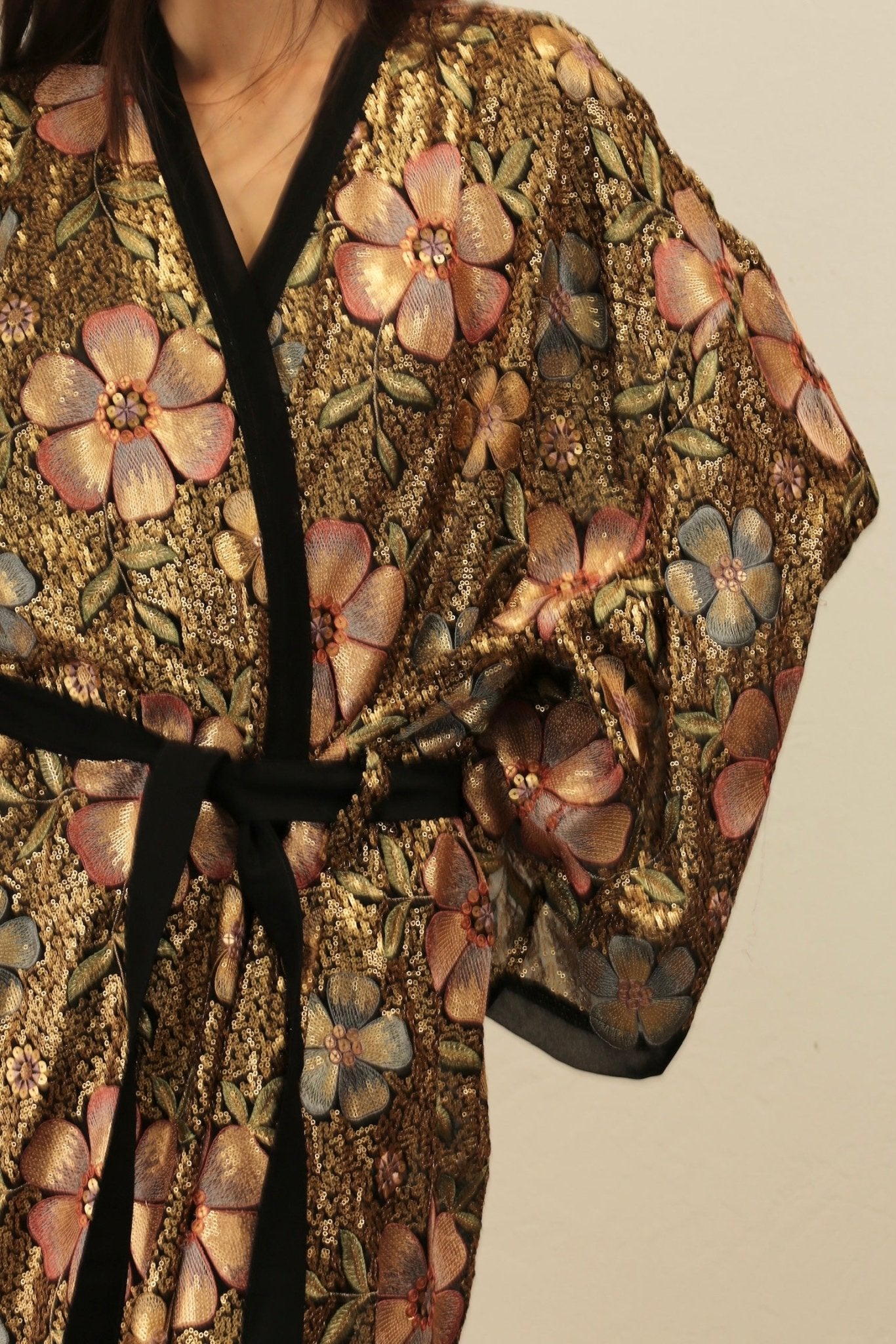 BLACK SEQUIN EMBROIDERED FLOWER KIMONO - BANGKOK TAILOR CLOTHING STORE - HANDMADE CLOTHING