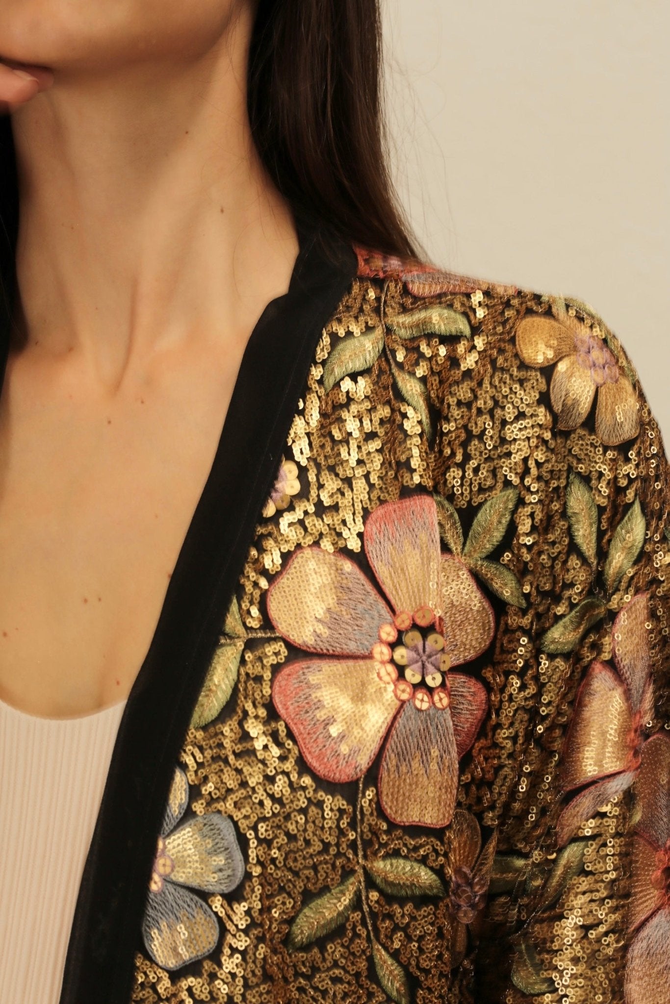 BLACK SEQUIN EMBROIDERED FLOWER KIMONO - BANGKOK TAILOR CLOTHING STORE - HANDMADE CLOTHING