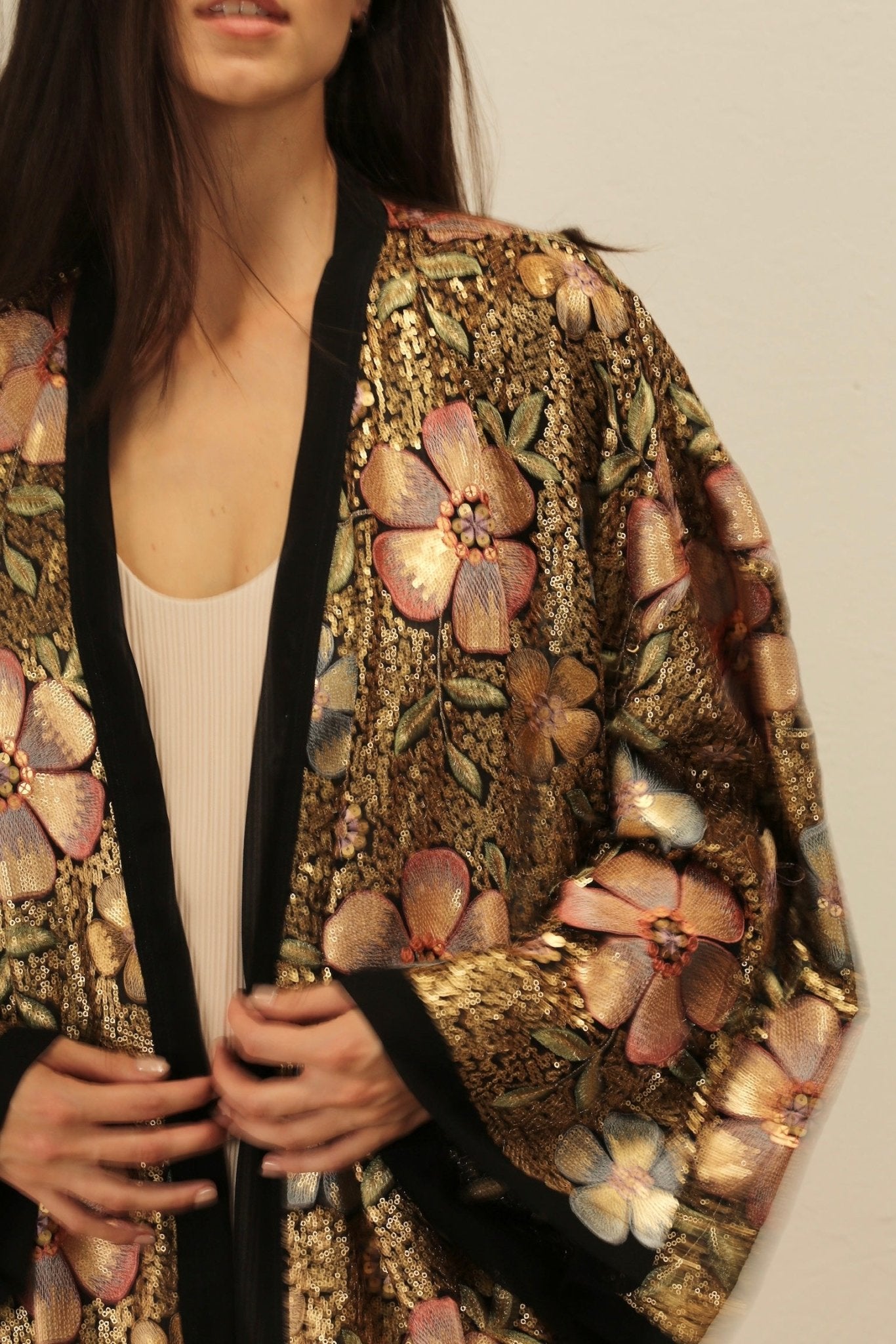 BLACK SEQUIN EMBROIDERED FLOWER KIMONO - BANGKOK TAILOR CLOTHING STORE - HANDMADE CLOTHING