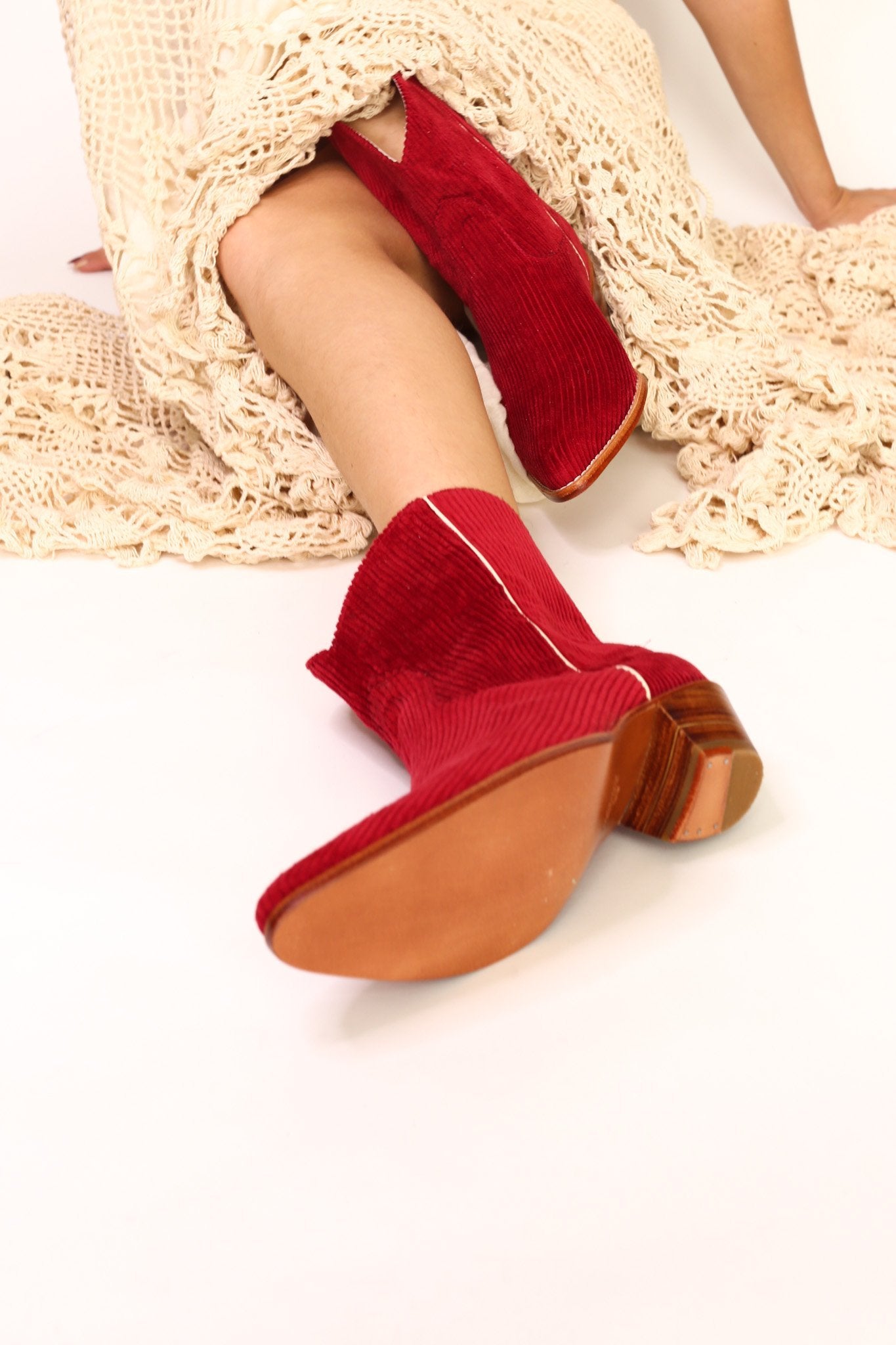 CORDUROY RED BOOTIES LINNEAH - BANGKOK TAILOR CLOTHING STORE - HANDMADE CLOTHING