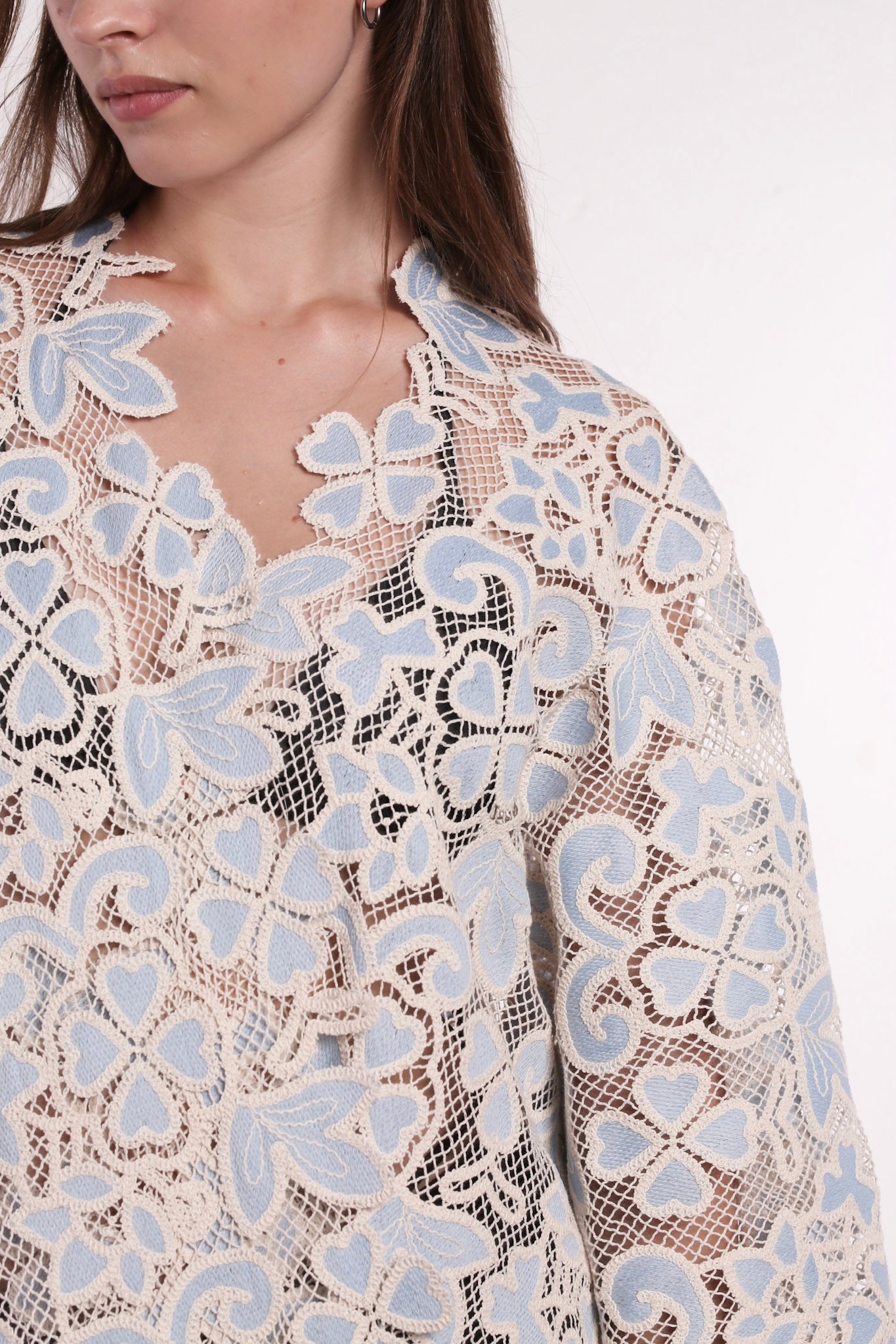 COTTTON LACE LIGHT BLUE FLOWER KIMONO - BANGKOK TAILOR CLOTHING STORE - HANDMADE CLOTHING