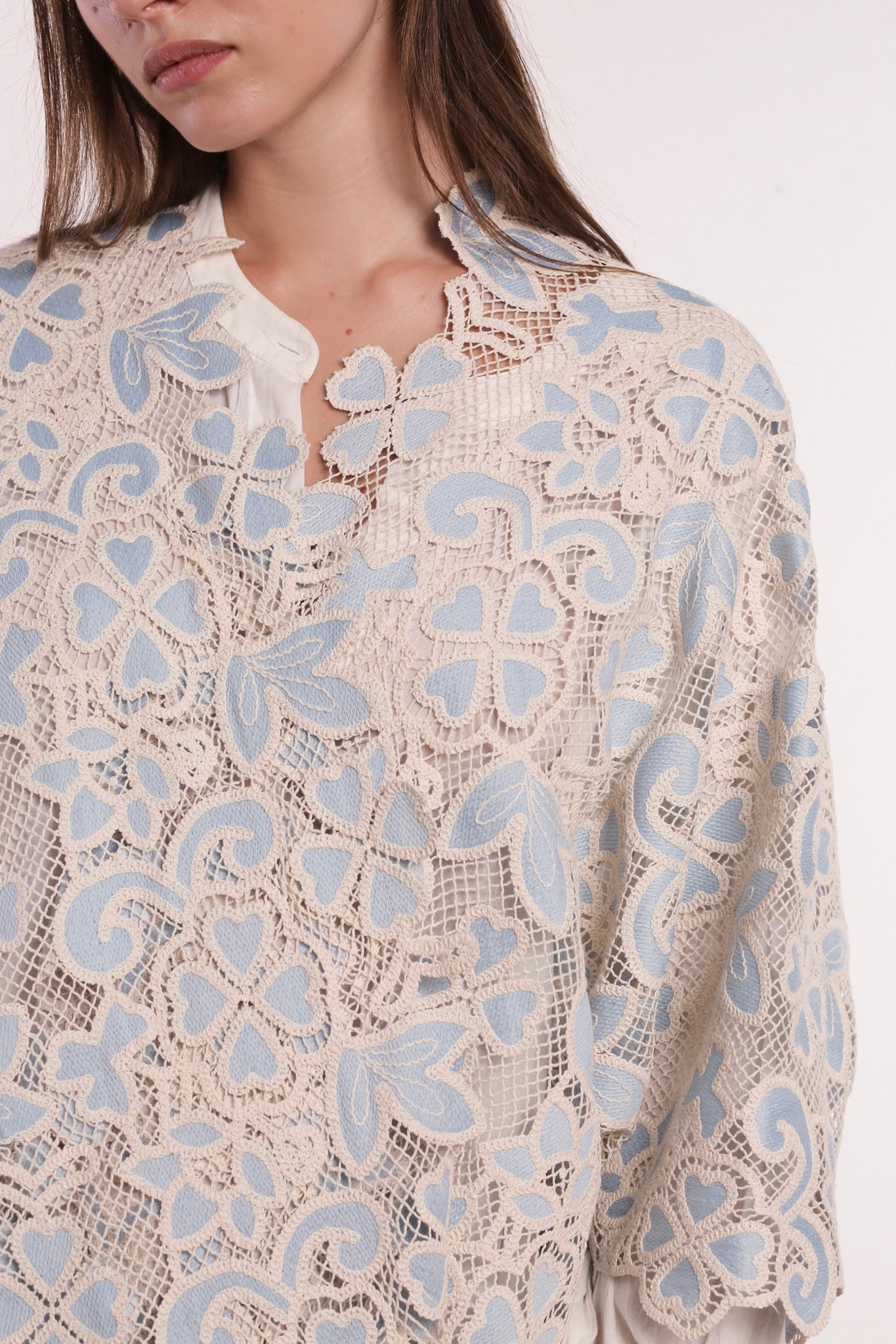 COTTTON LACE LIGHT BLUE FLOWER KIMONO - BANGKOK TAILOR CLOTHING STORE - HANDMADE CLOTHING