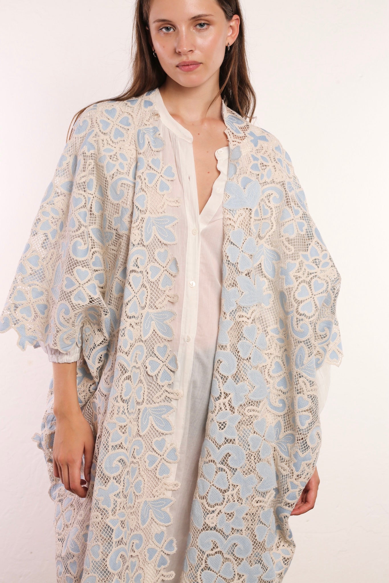 COTTTON LACE LIGHT BLUE FLOWER KIMONO - BANGKOK TAILOR CLOTHING STORE - HANDMADE CLOTHING