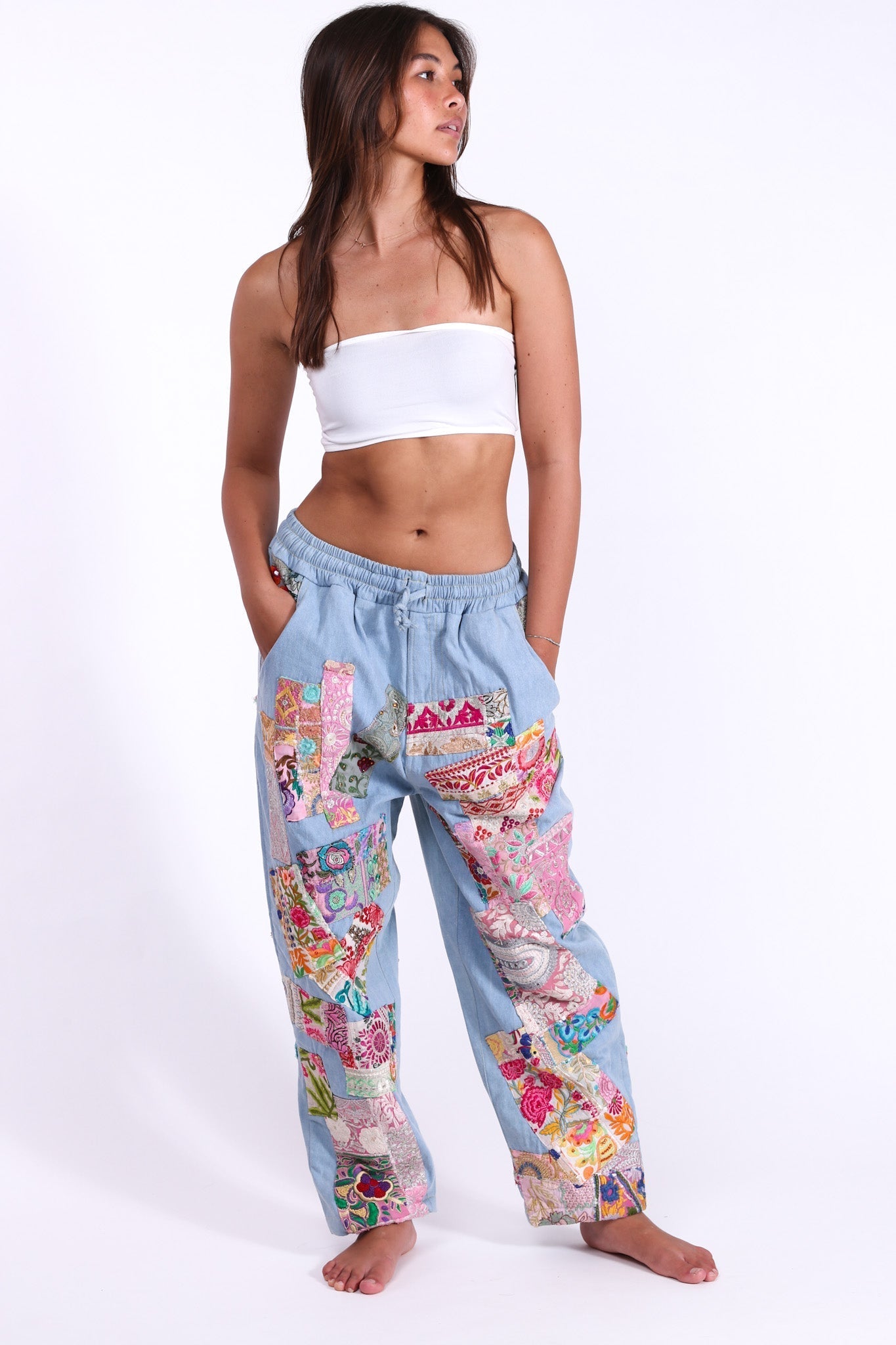 DENIM EMBROIDERED PATCHWORK SWEATPANTS - BANGKOK TAILOR CLOTHING STORE - HANDMADE CLOTHING