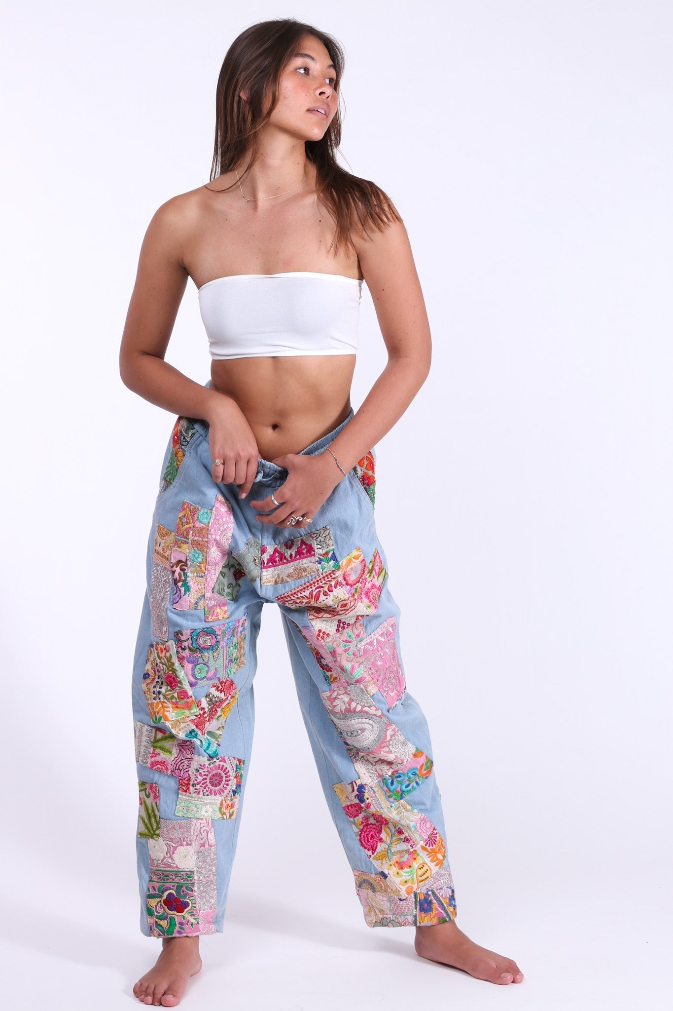 DENIM EMBROIDERED PATCHWORK SWEATPANTS - BANGKOK TAILOR CLOTHING STORE - HANDMADE CLOTHING