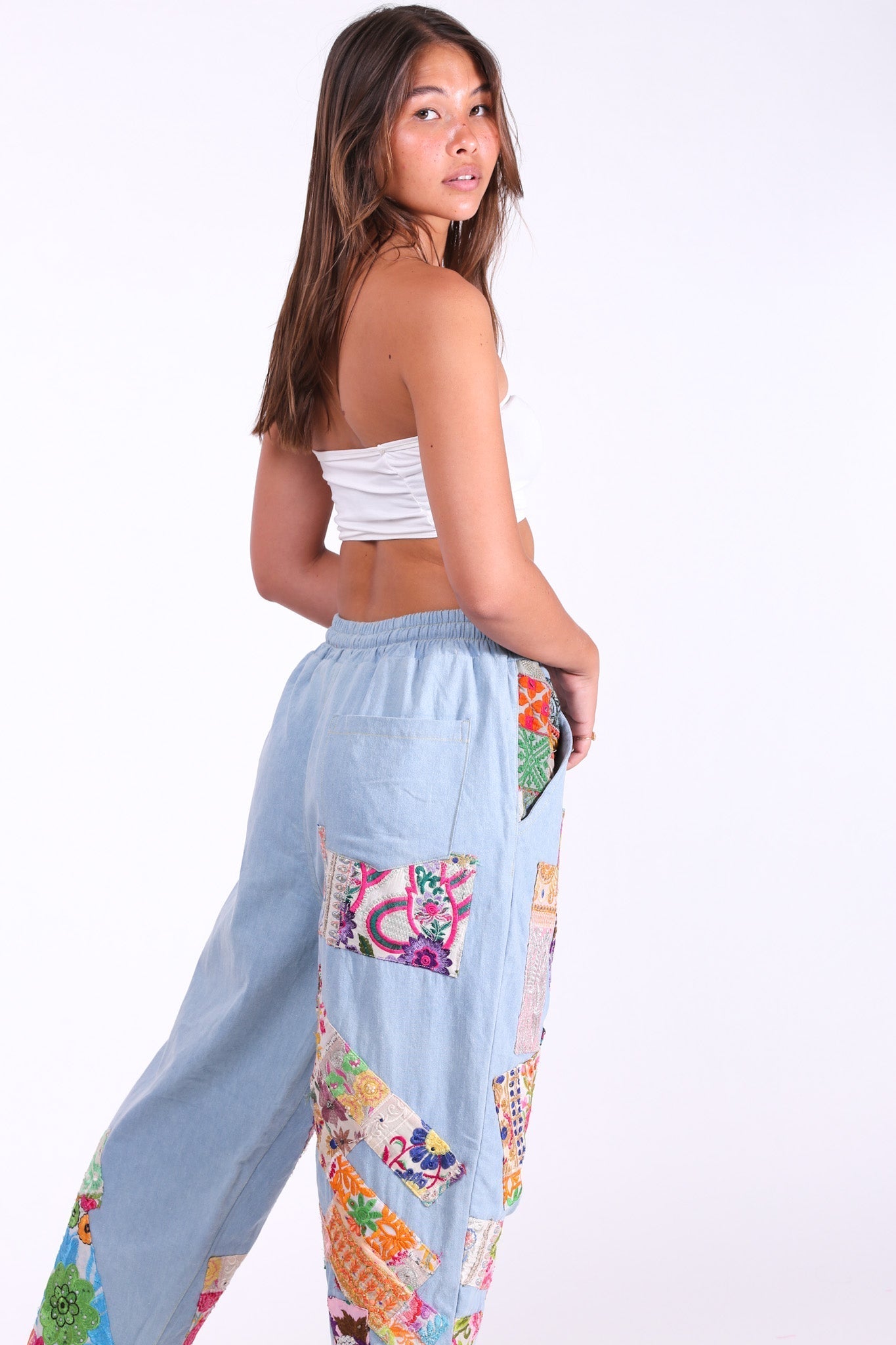 DENIM EMBROIDERED PATCHWORK SWEATPANTS - BANGKOK TAILOR CLOTHING STORE - HANDMADE CLOTHING