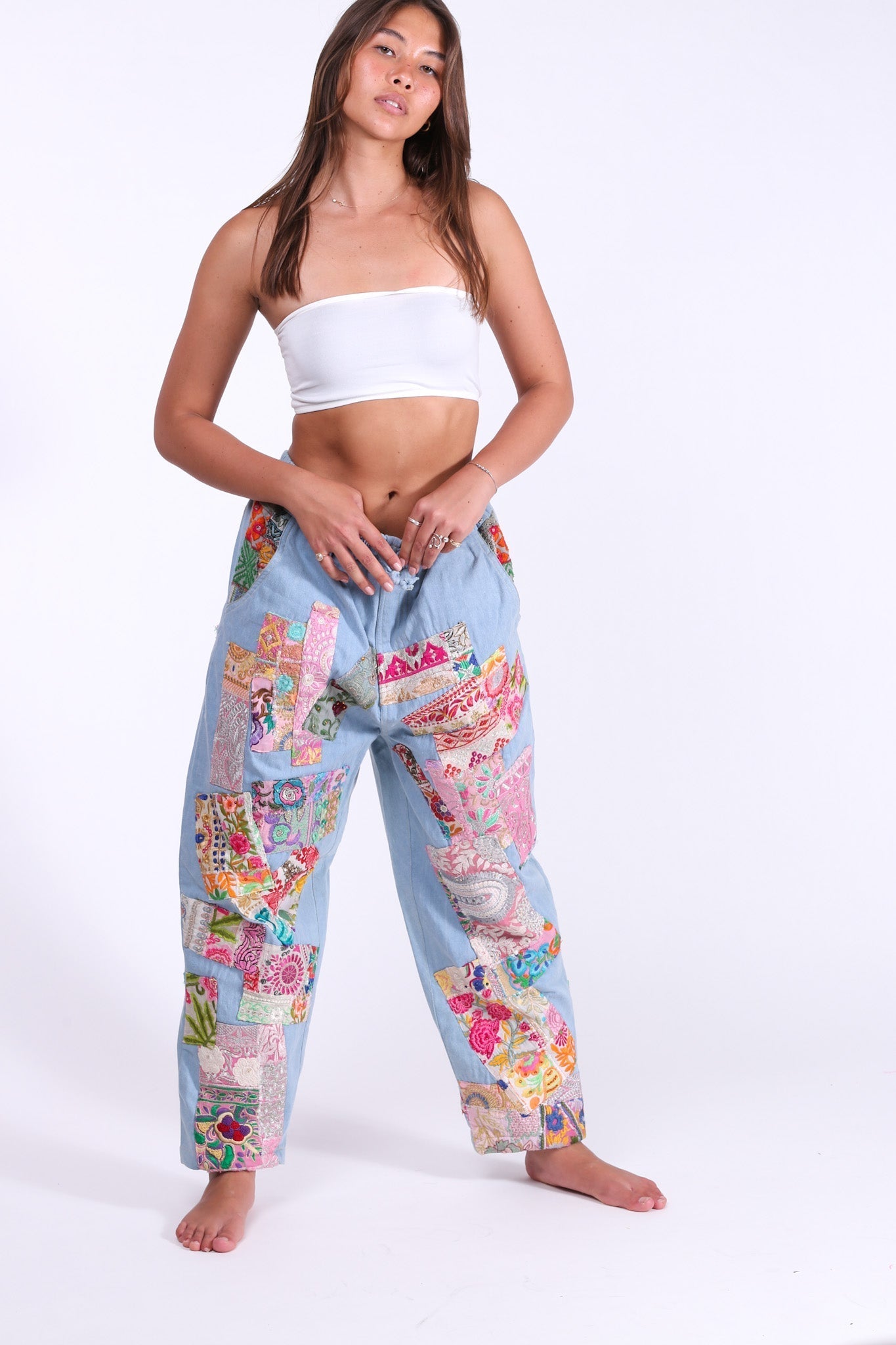 DENIM EMBROIDERED PATCHWORK SWEATPANTS - BANGKOK TAILOR CLOTHING STORE - HANDMADE CLOTHING