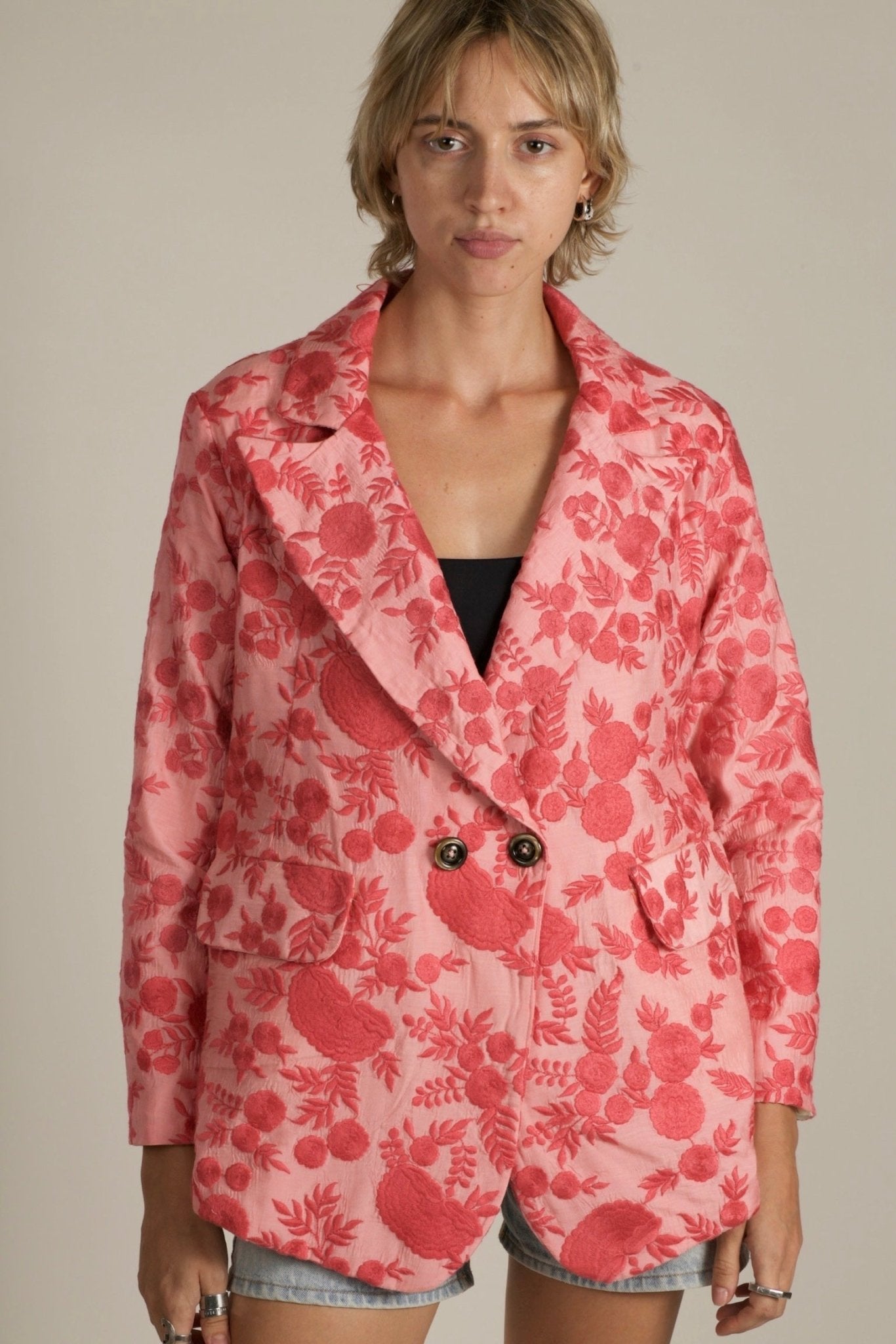 EMBROIDERED PINK FLOWER BLAZER JACKET AGLAIA - BANGKOK TAILOR CLOTHING STORE - HANDMADE CLOTHING