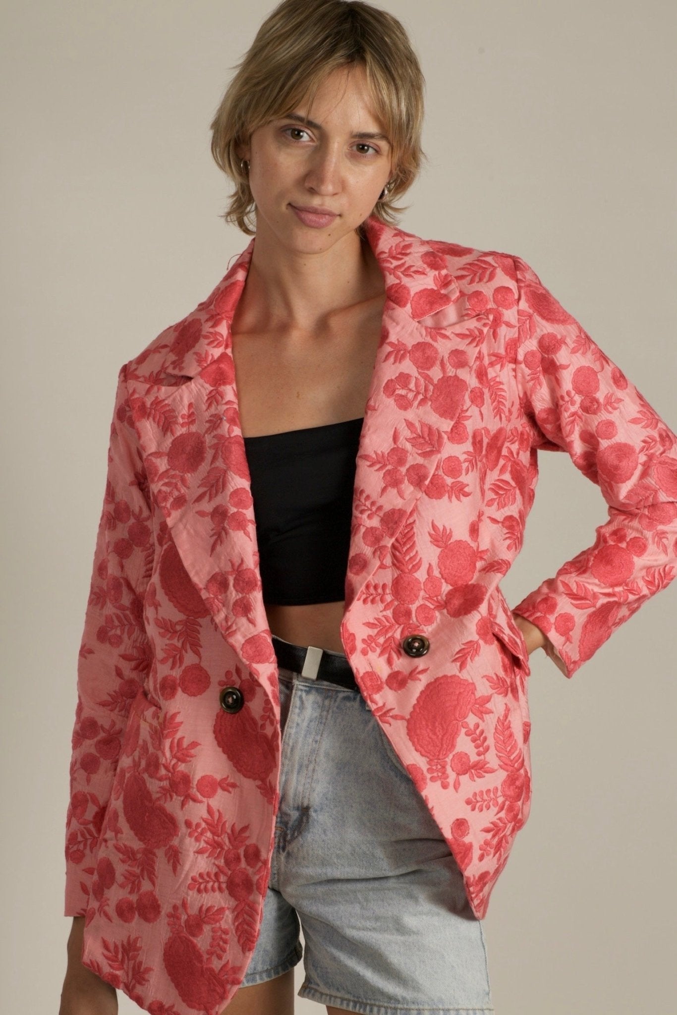 EMBROIDERED PINK FLOWER BLAZER JACKET AGLAIA - BANGKOK TAILOR CLOTHING STORE - HANDMADE CLOTHING