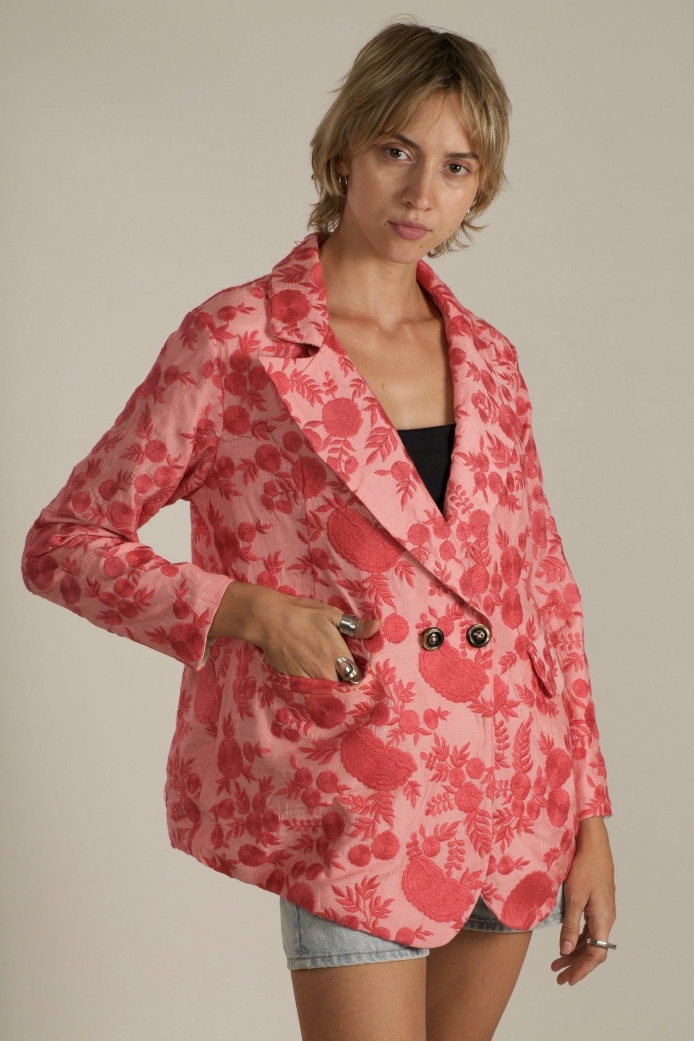 EMBROIDERED PINK FLOWER BLAZER JACKET AGLAIA - BANGKOK TAILOR CLOTHING STORE - HANDMADE CLOTHING