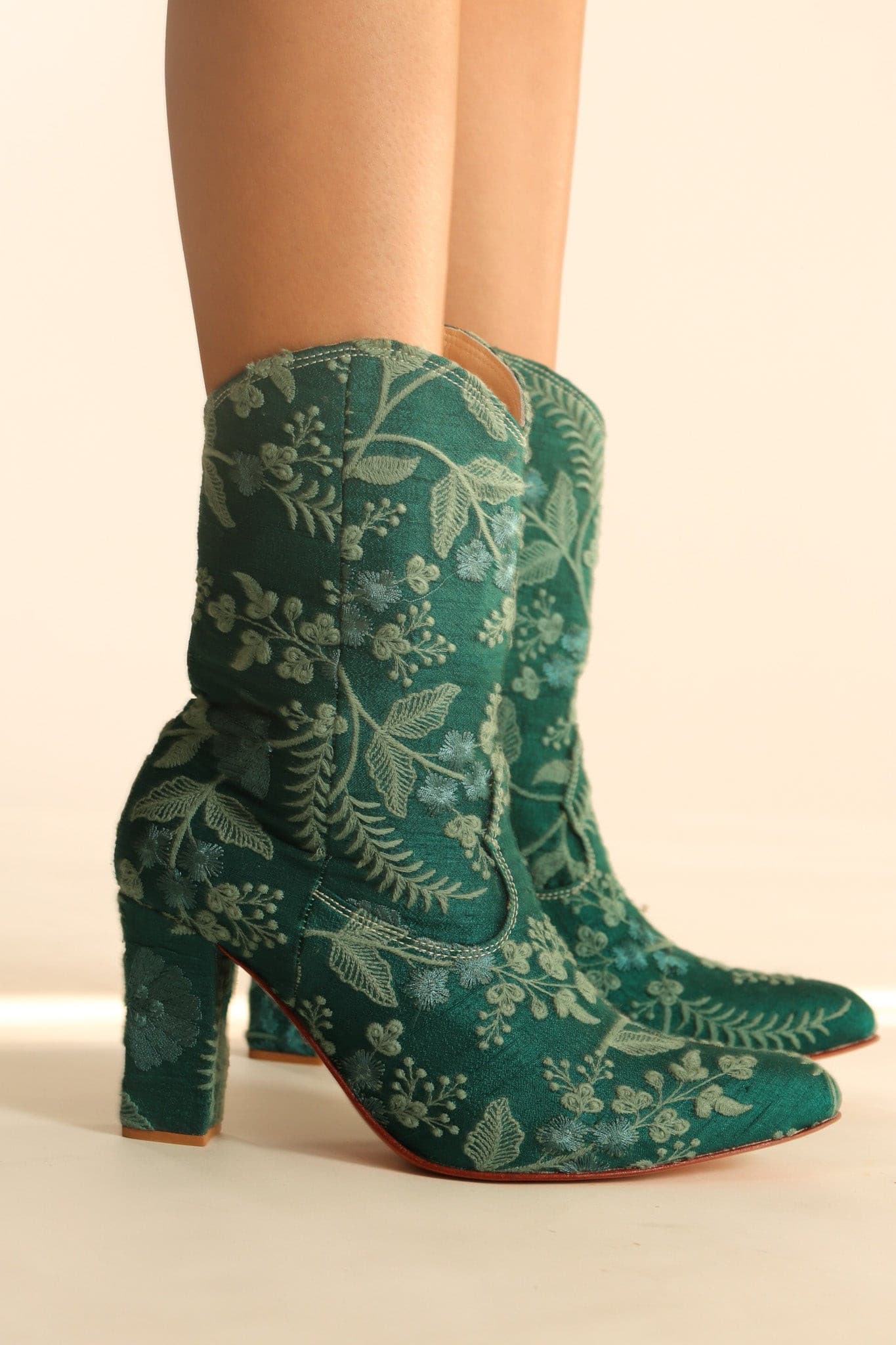 GREEN HIGH HEEL EMBROIDERED BOOTS SOPHIA - BANGKOK TAILOR CLOTHING STORE - HANDMADE CLOTHING