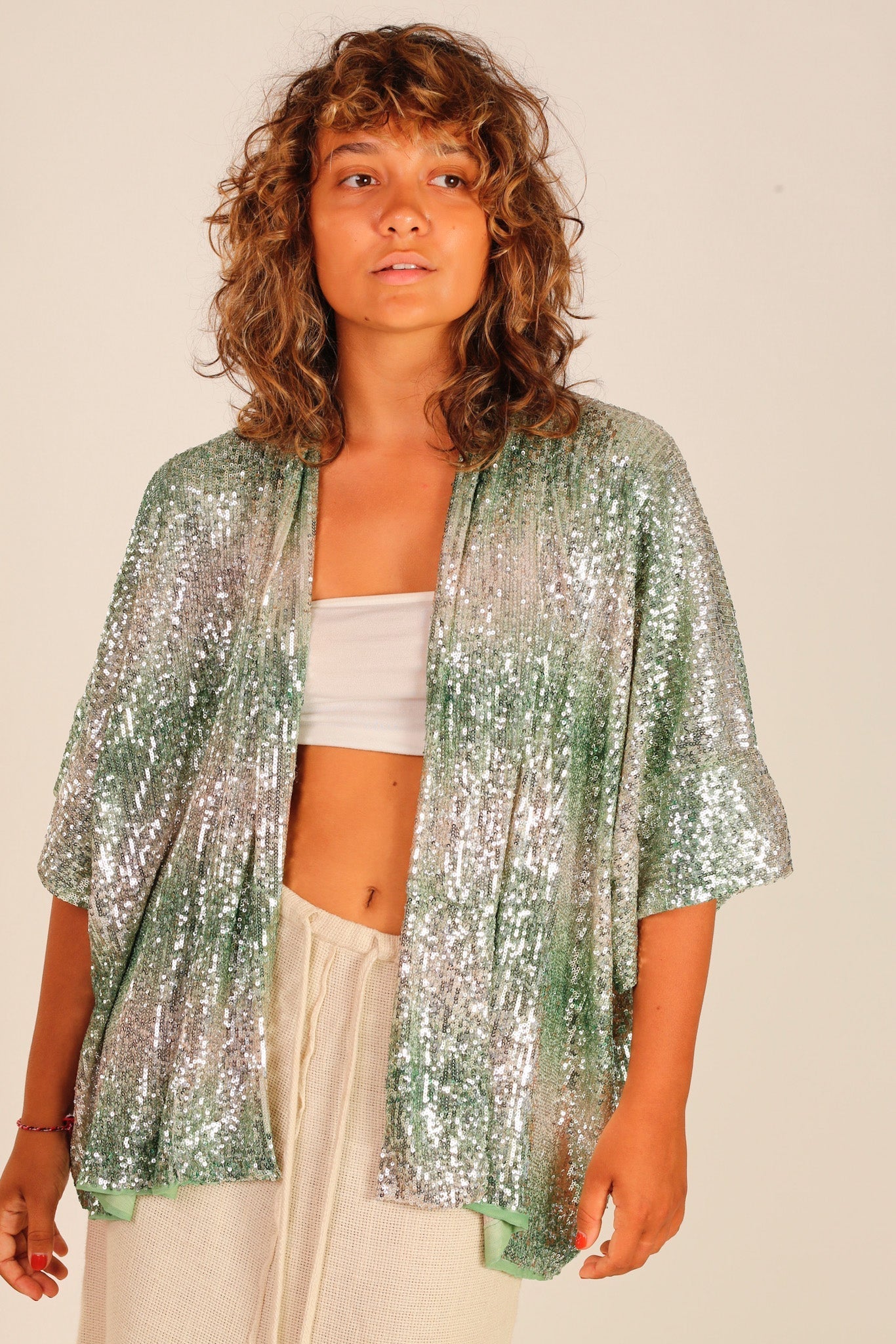 GREEN SEQUIN SHORT KIMONO LUKA - BANGKOK TAILOR CLOTHING STORE - HANDMADE CLOTHING