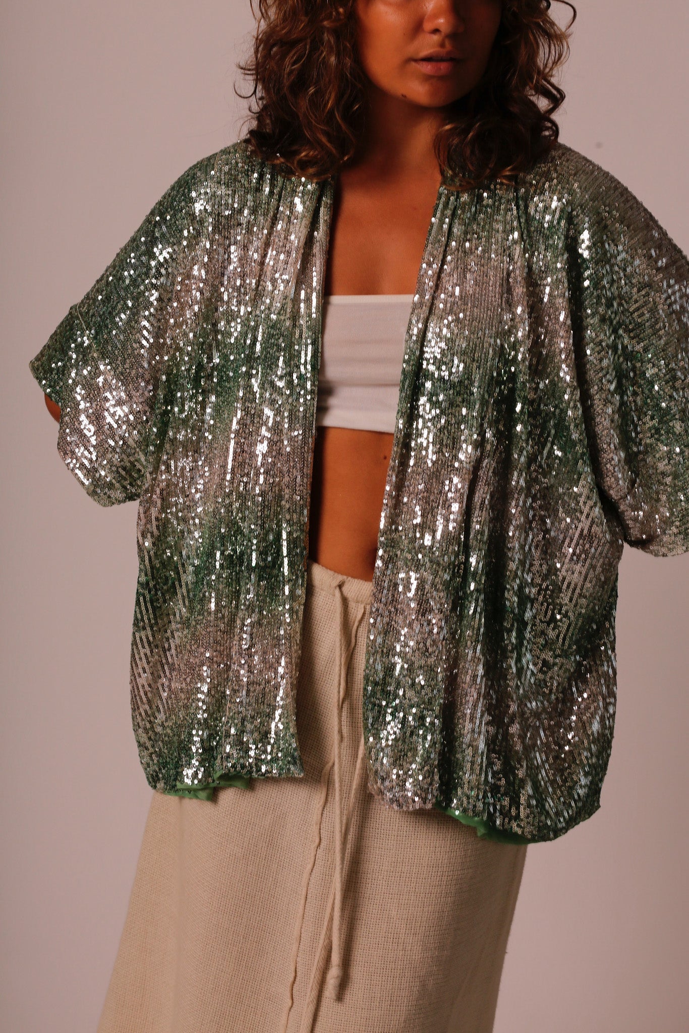 GREEN SEQUIN SHORT KIMONO LUKA - BANGKOK TAILOR CLOTHING STORE - HANDMADE CLOTHING