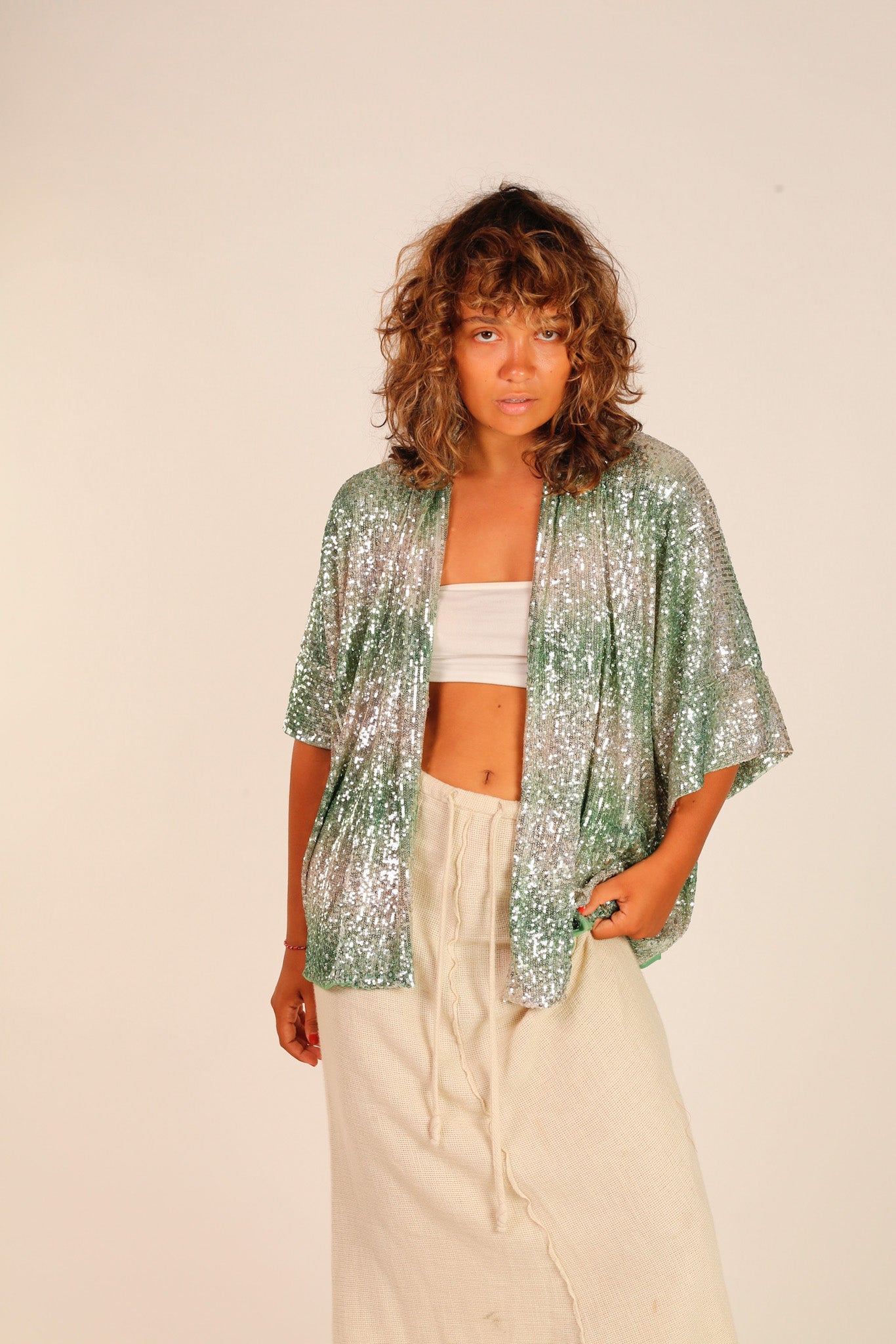 GREEN SEQUIN SHORT KIMONO LUKA - BANGKOK TAILOR CLOTHING STORE - HANDMADE CLOTHING