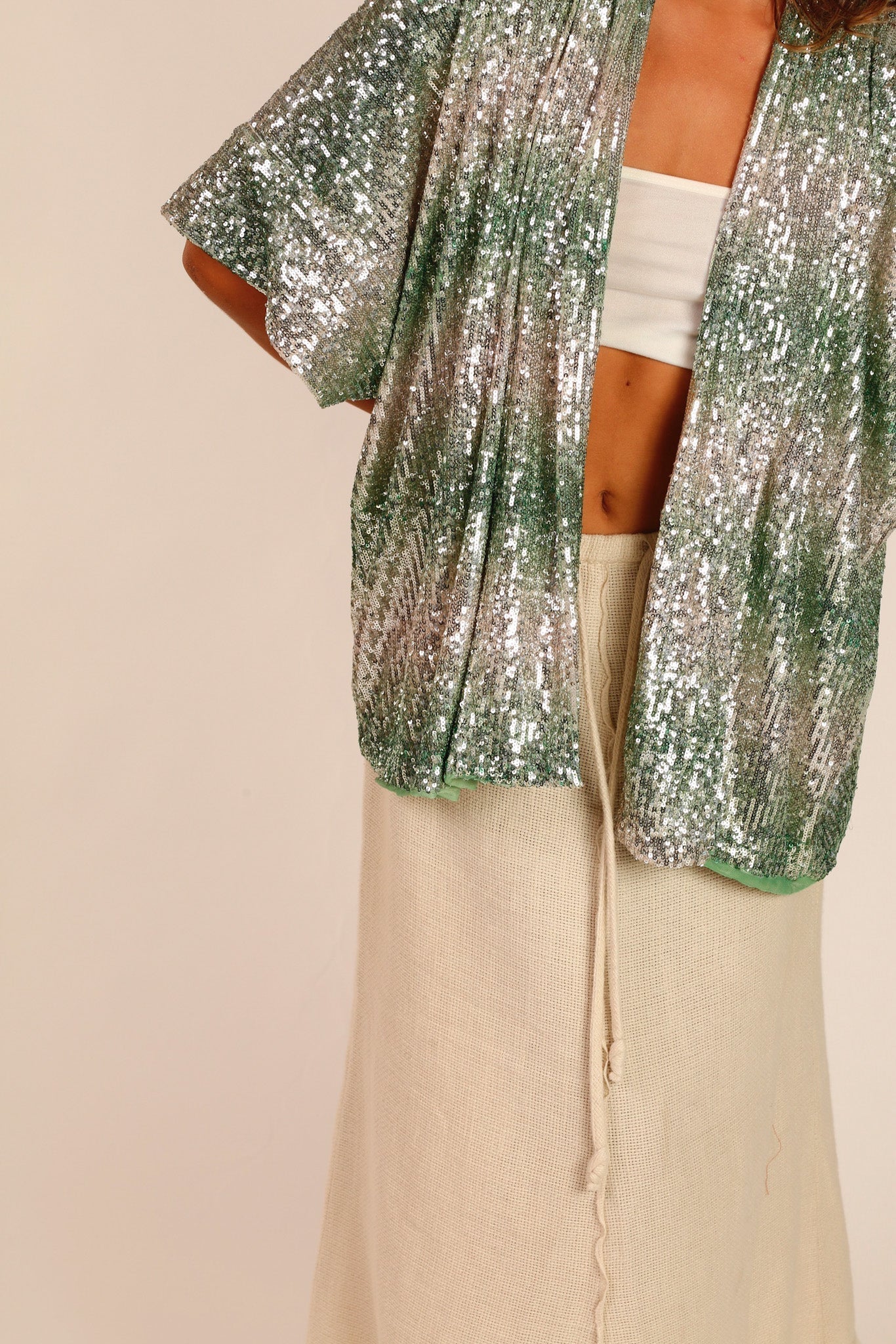 GREEN SEQUIN SHORT KIMONO LUKA - BANGKOK TAILOR CLOTHING STORE - HANDMADE CLOTHING