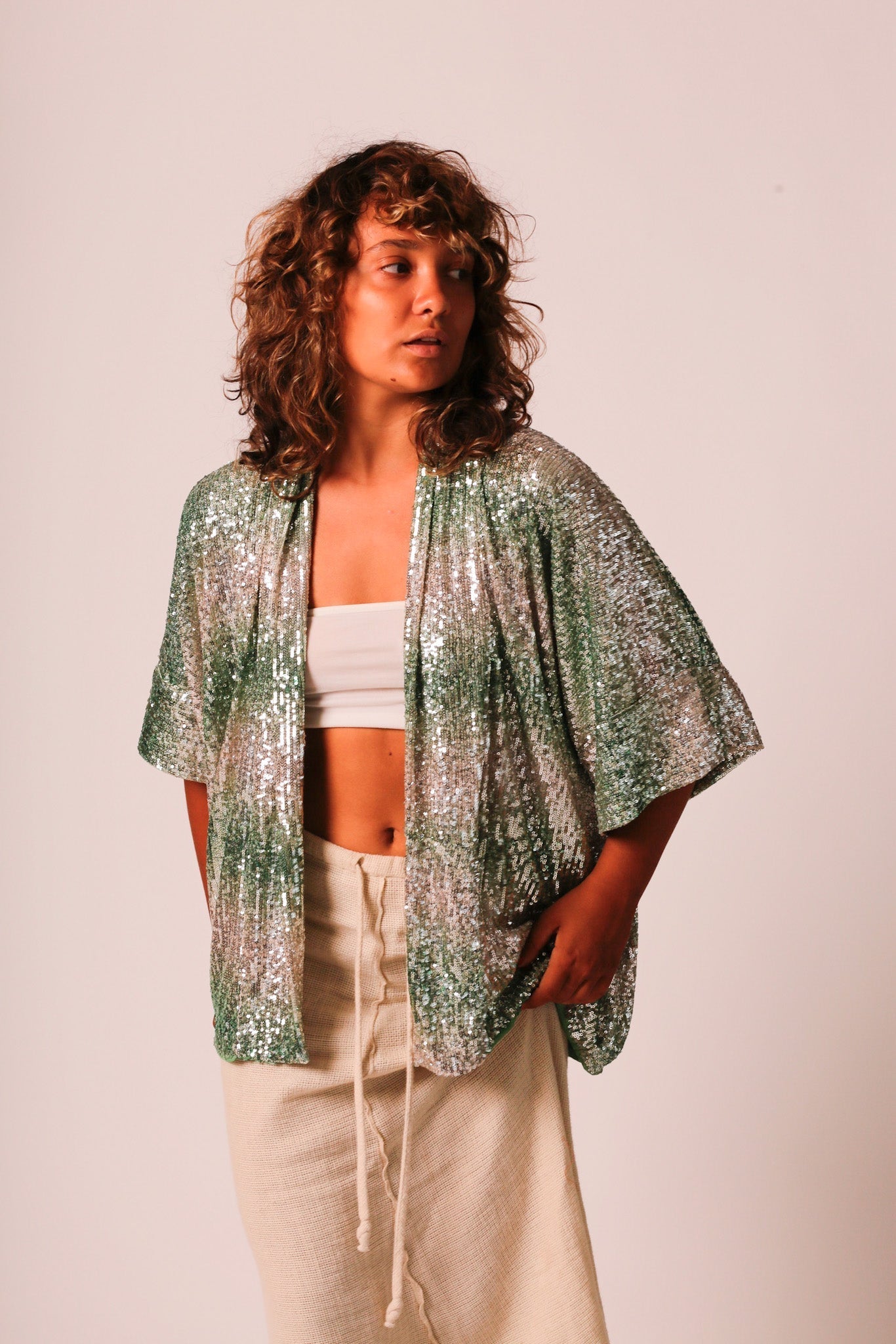 GREEN SEQUIN SHORT KIMONO LUKA - BANGKOK TAILOR CLOTHING STORE - HANDMADE CLOTHING