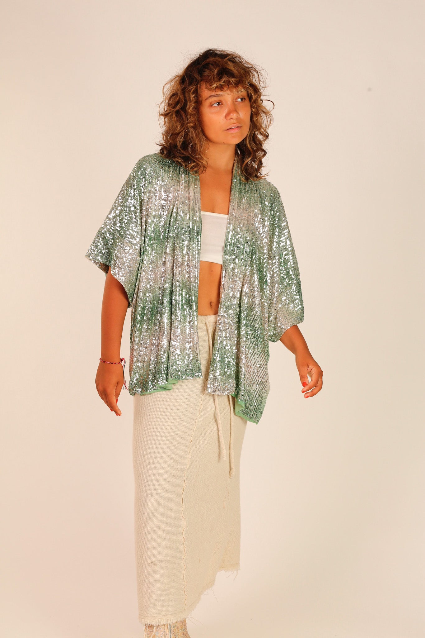 GREEN SEQUIN SHORT KIMONO LUKA - BANGKOK TAILOR CLOTHING STORE - HANDMADE CLOTHING