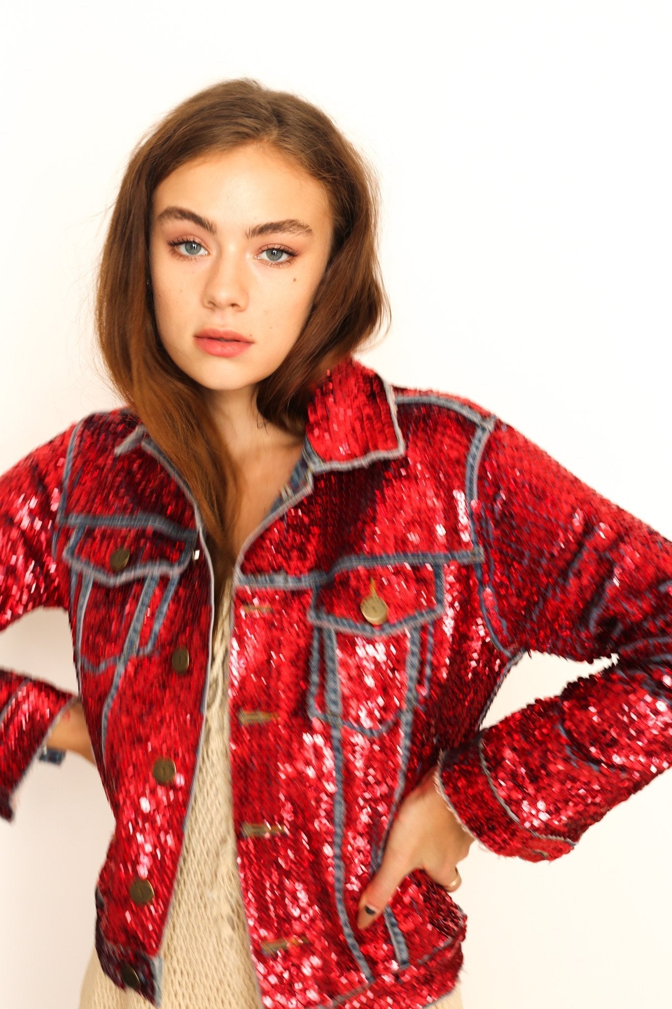 HAND SEQUIN EMBROIDERED DENIM JACKET AMY - BANGKOK TAILOR CLOTHING STORE - HANDMADE CLOTHING