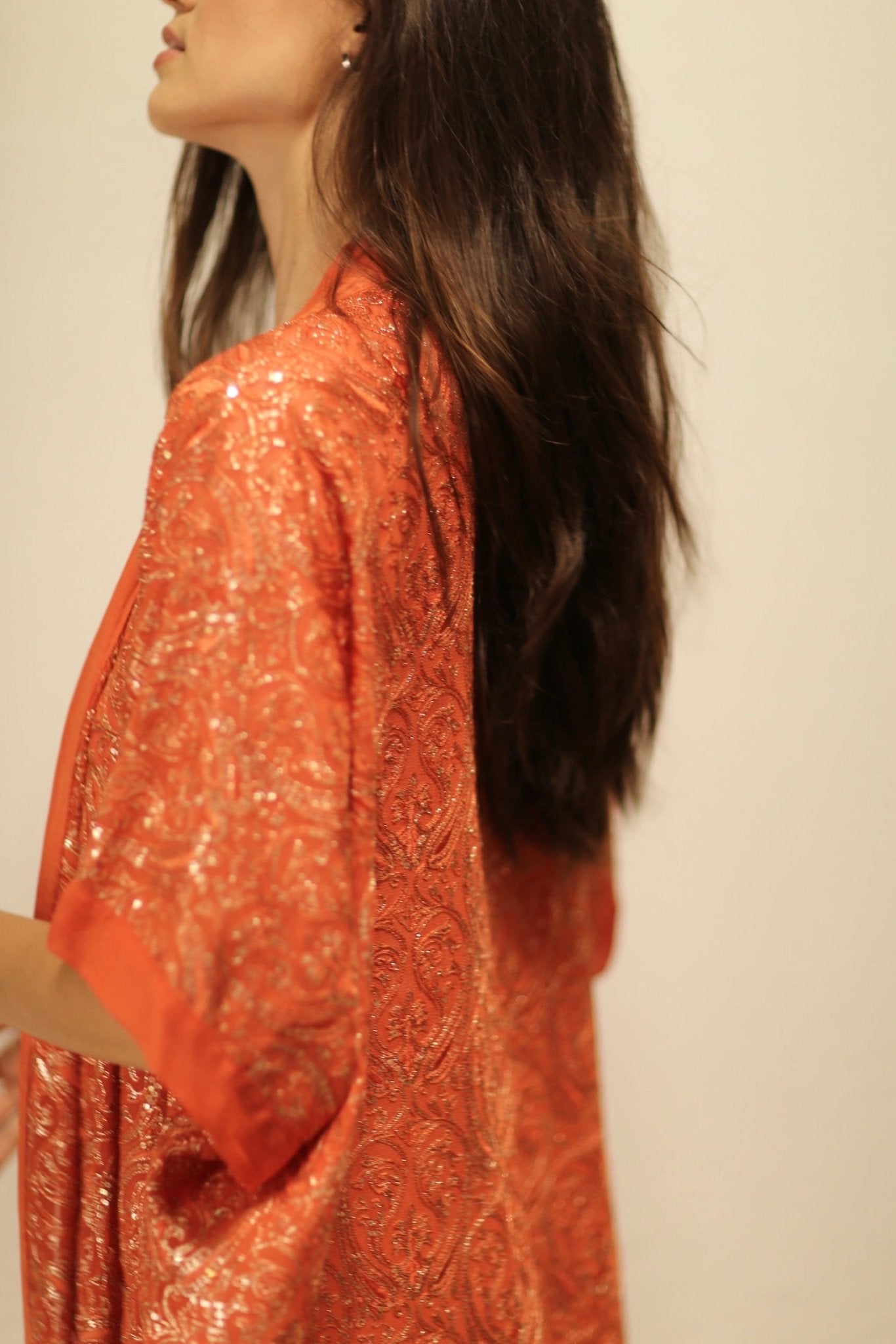 HELIOS ORANGE SILK SEQUIN EMBEROIDERED KIMONO - BANGKOK TAILOR CLOTHING STORE - HANDMADE CLOTHING