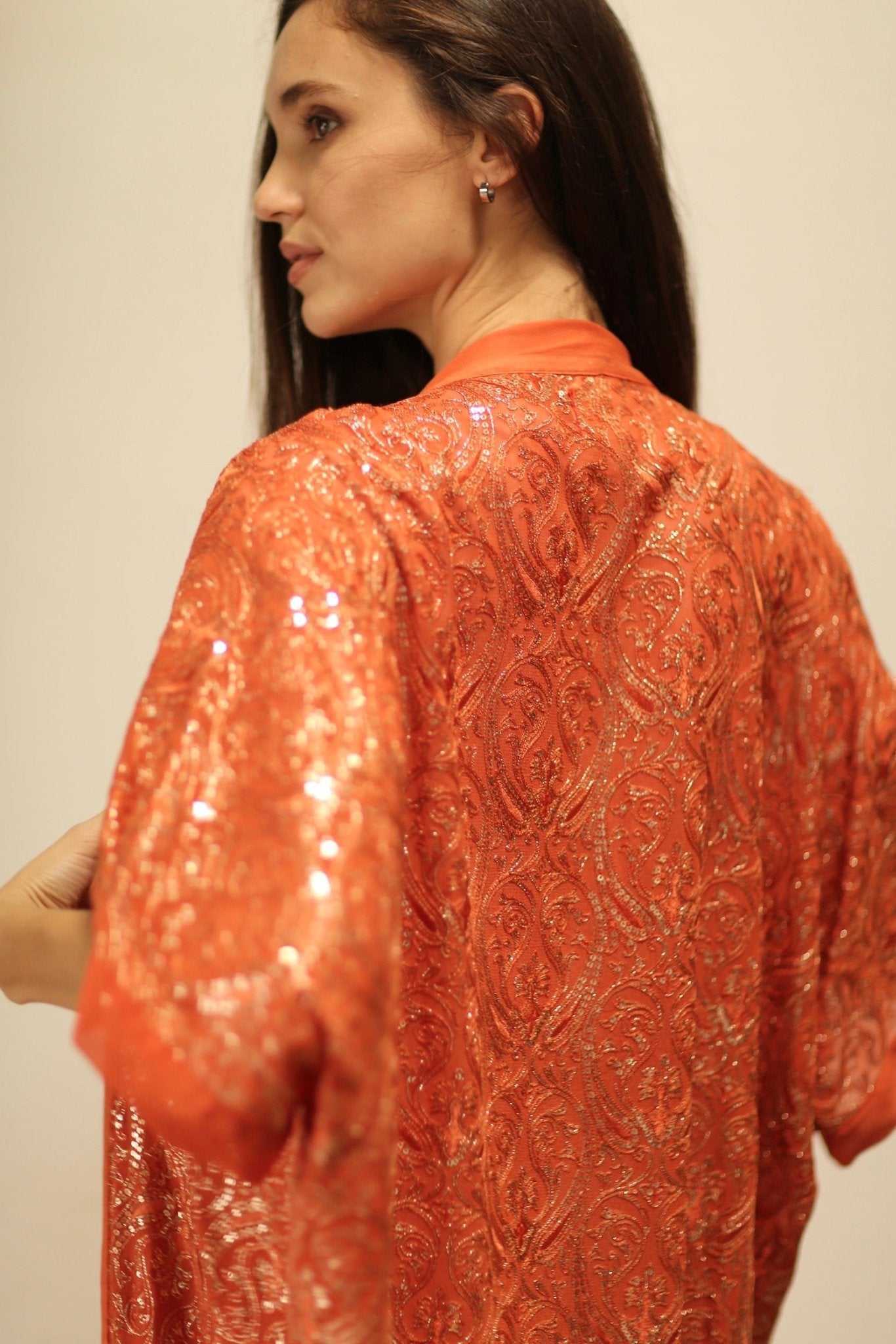 HELIOS ORANGE SILK SEQUIN EMBEROIDERED KIMONO - BANGKOK TAILOR CLOTHING STORE - HANDMADE CLOTHING