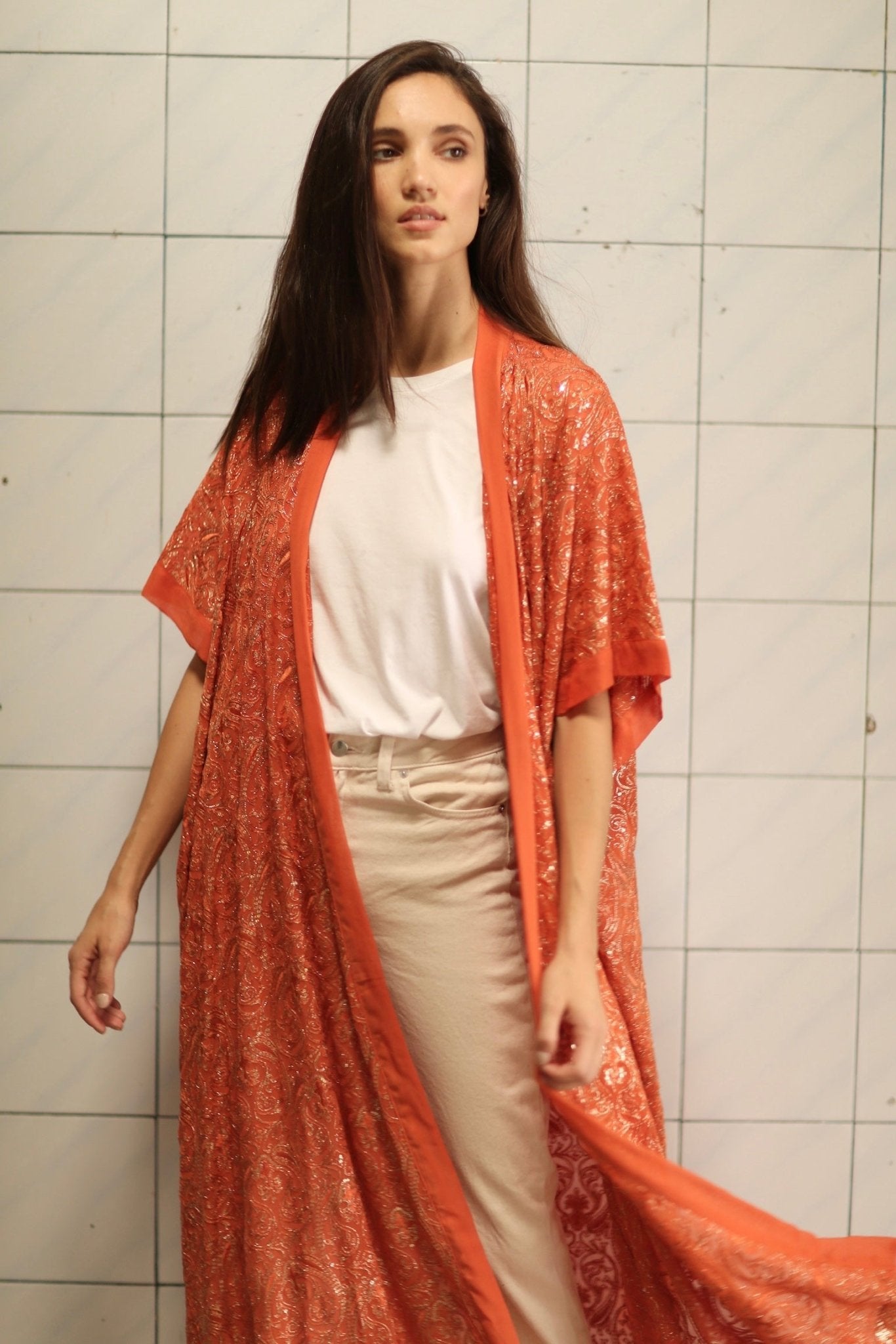 HELIOS ORANGE SILK SEQUIN EMBEROIDERED KIMONO - BANGKOK TAILOR CLOTHING STORE - HANDMADE CLOTHING