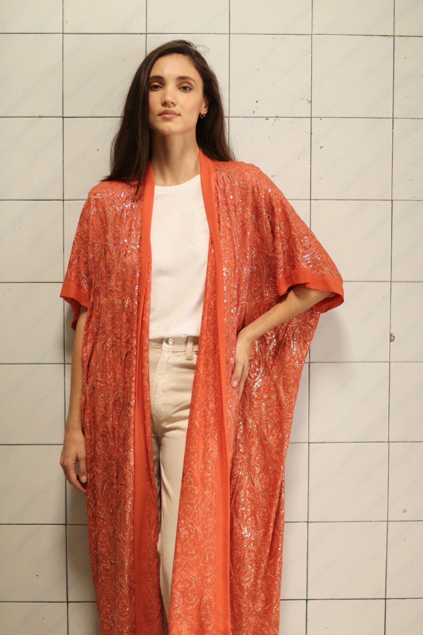 HELIOS ORANGE SILK SEQUIN EMBEROIDERED KIMONO - BANGKOK TAILOR CLOTHING STORE - HANDMADE CLOTHING