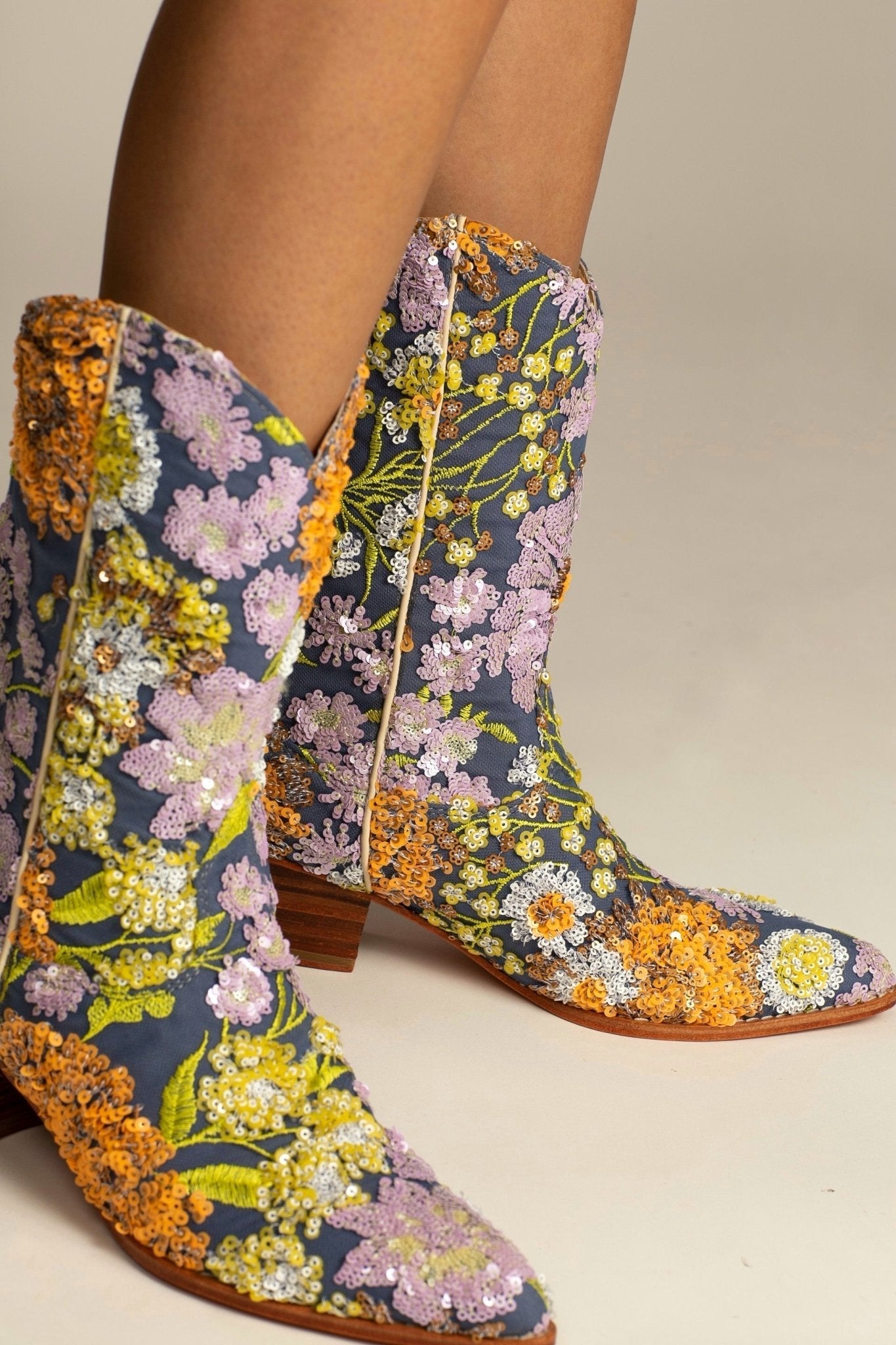LAVENDER EMBROIDERED FLOWER SEQUIN WESTERN BOOTS - BANGKOK TAILOR CLOTHING STORE - HANDMADE CLOTHING